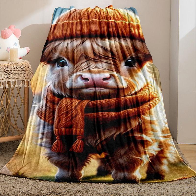 Cartoon Cow Print Flannel Blanket 1 Count Soft Warm Throw Blanket with Storage Bag Cozy Nap Blanket for Home Office Travel Bedroom Decor