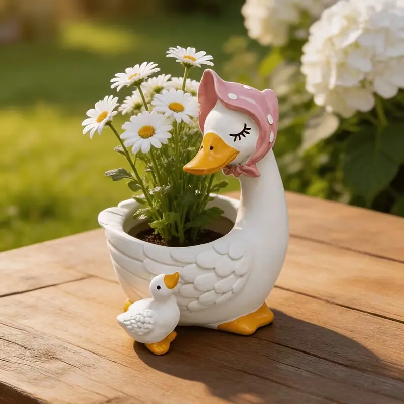 Duck Resin Planter, Lightweight Painted Duck Decor, Irregular Base, Glossy Surface, Ideal for Mini Plants, Herbs, Cacti, Indoor Garden, Rustic Garden Gift