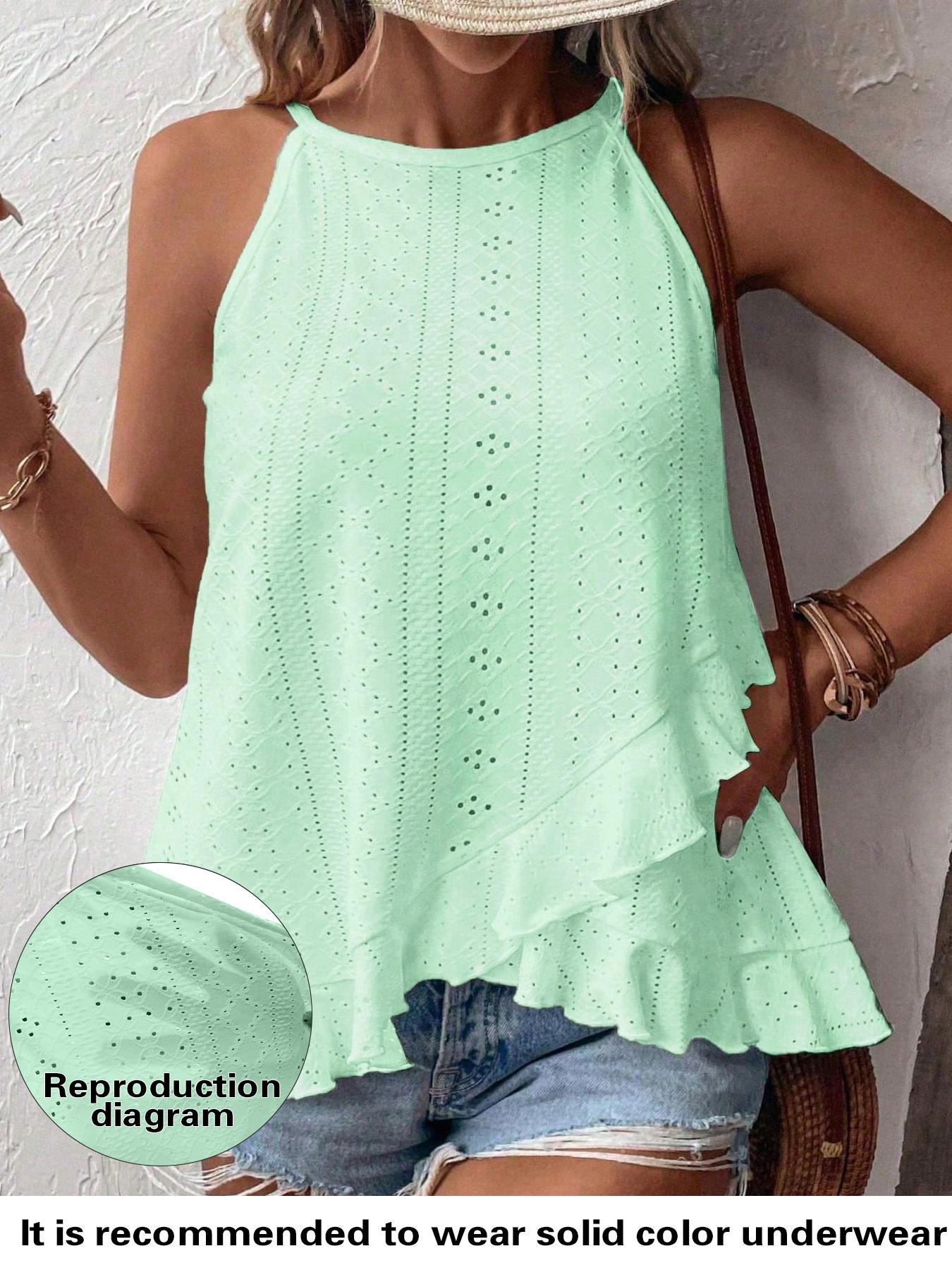【Plus Size】 Solid Color Eyelet Embroidery Cami Top, Casual Elegant Sleeveless Knit Top for Daily Wear, Women Plus Clothing for All Seasons