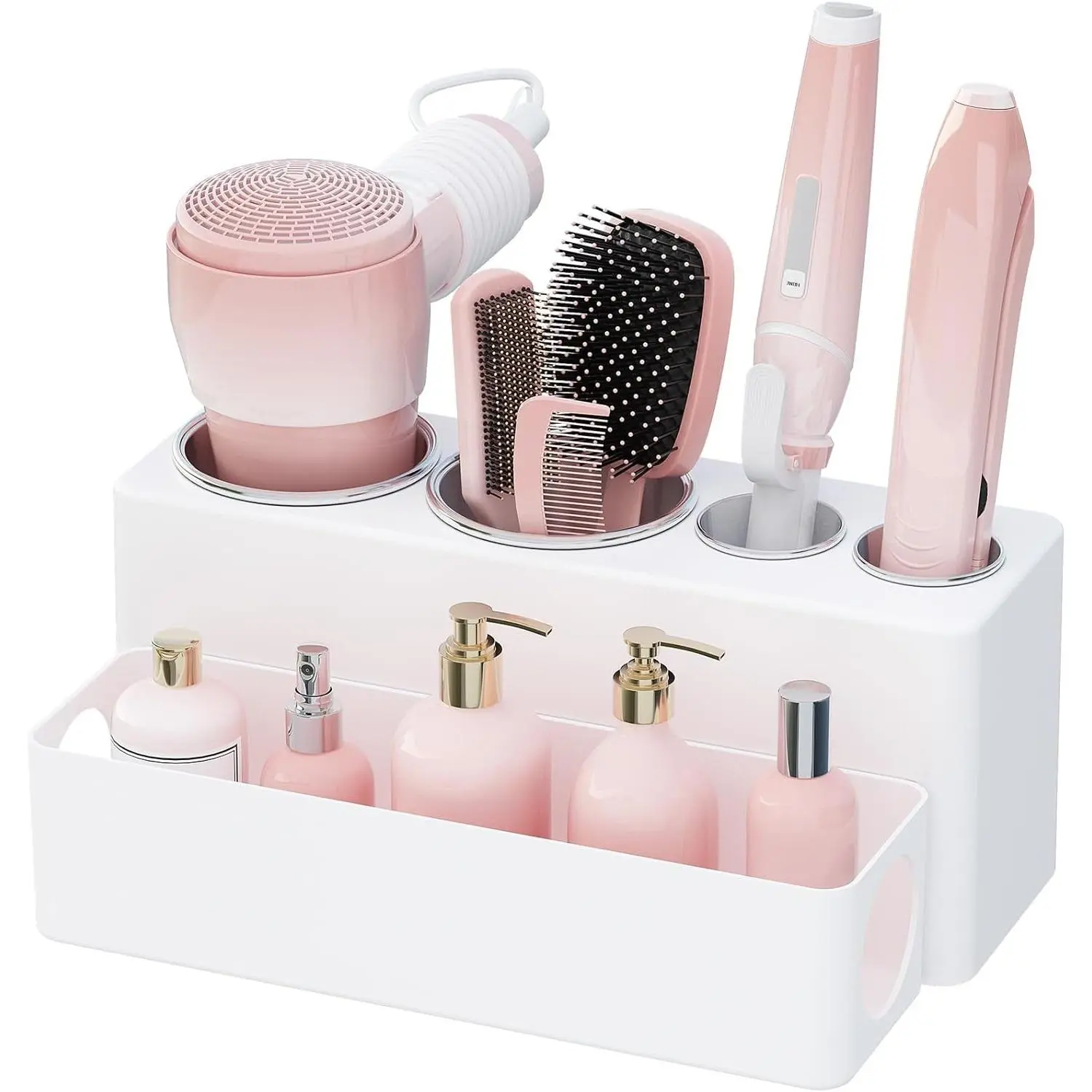 Hair Tool Organizer Countertop, Removable Blow Dryer Holder for Bathroom, Acrylic Hot Tools Organizer Storage for Curling Iron, Brush, Straightener, 4 Stainless Cups, White, 30 cm/12 inch(L)