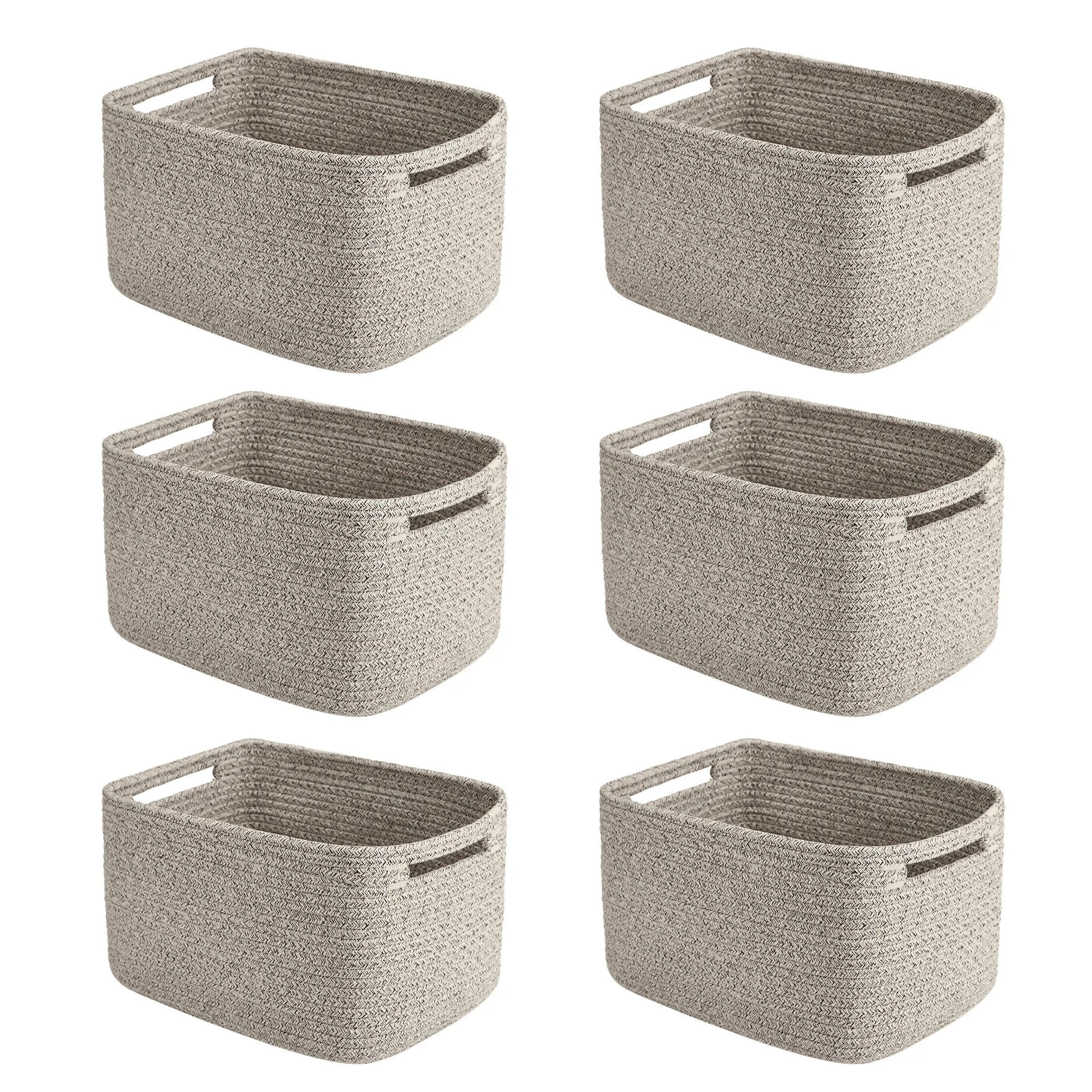 6-Pack 13x9.1x7.9 IN Cotton Rope Storage Bins – Foldable Rectangular Woven Baskets with Handles for Closet Shelf, Linen