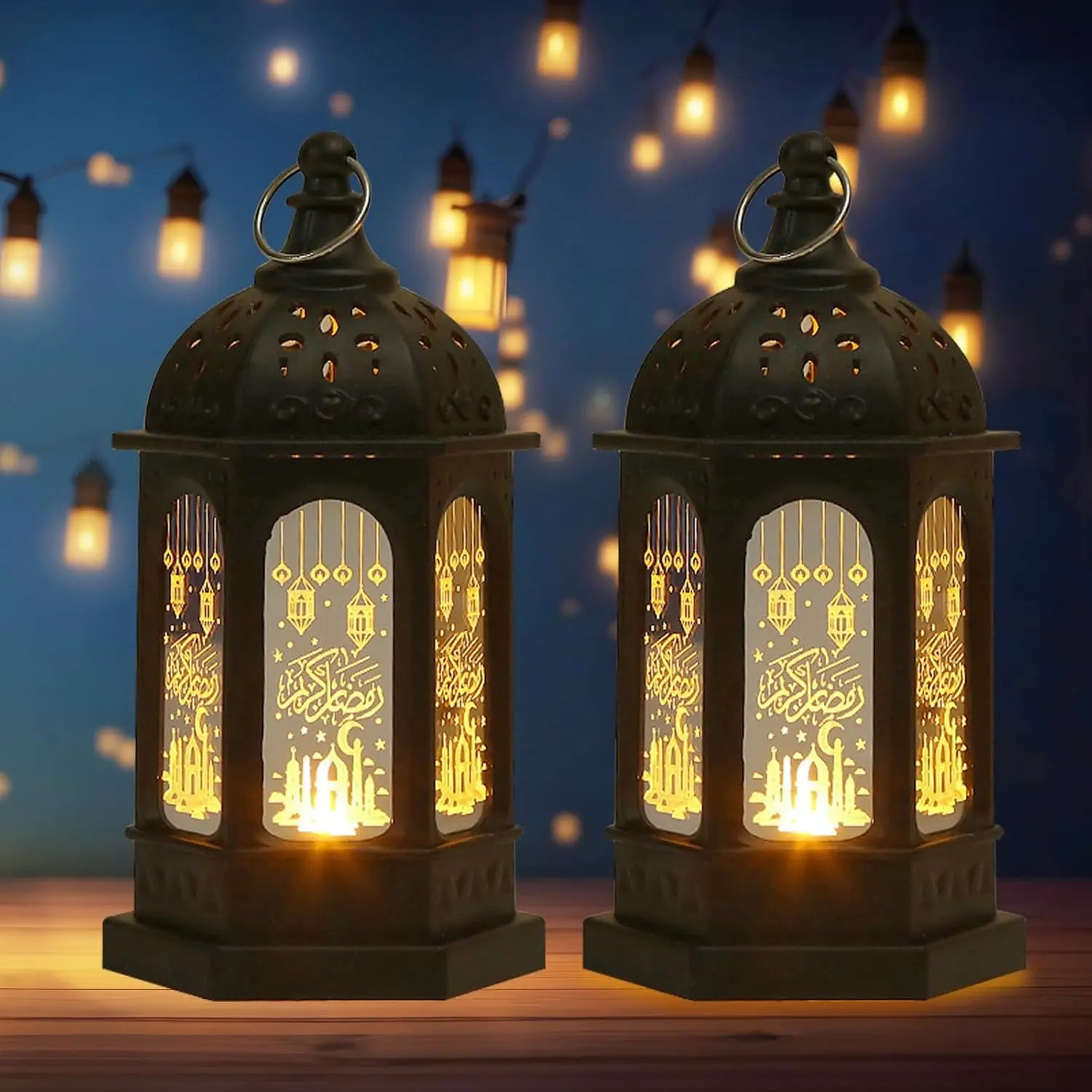 2 count Ramadan Lanterns Decoration 5.2" Height Retro  Lamp Eid Mubarak Flameless Candle Holder with Transparent Glass Ramadan Gifts Eid Mubarak Lantern for  Tabletop Decor