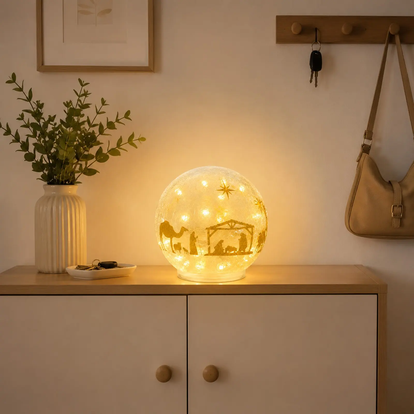Light-up Nativity Scene Night Light (featuring a crackle-glass effect pattern) — A versatile piece combining a festive tabletop ornament, a night light, and an atmospheric home decoration; perfect for placement anywhere in the home or on a bedside table,