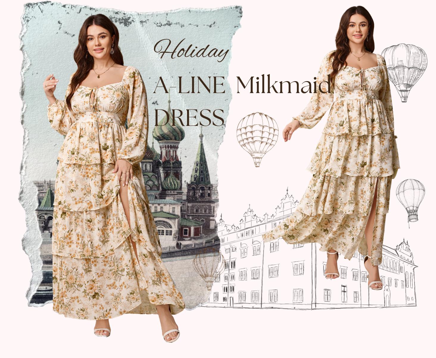 EYWOL Women's Plus Size Holiday Dress Christmas Party & Thanksgiving Outfit Boho Floral Long Sleeve Maxi with Side Slit Tiered Ruffles