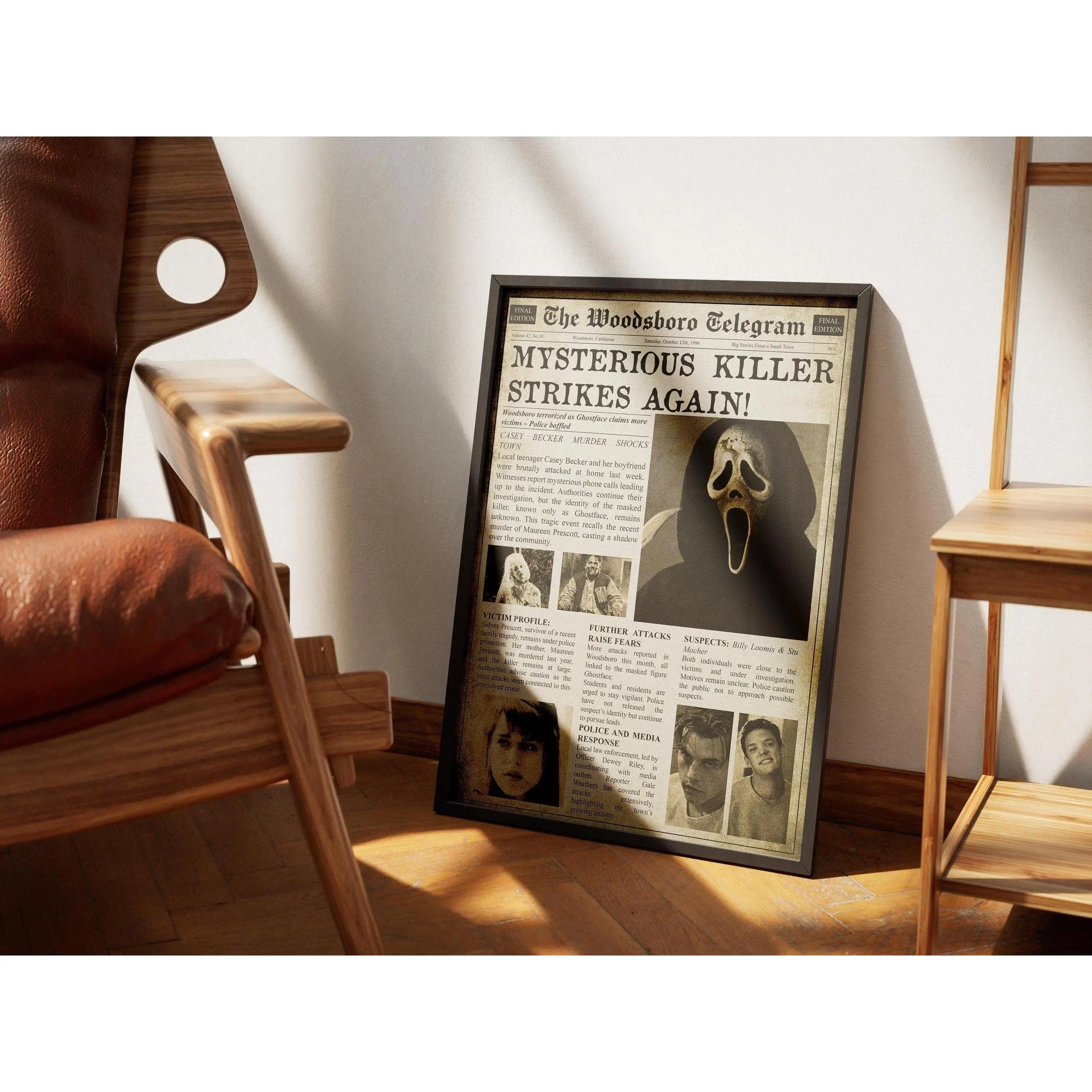 Ghostface Poster | Scream Horror Movie Wall Art | Woodsboro Newspaper Style Print | Horror Movie Decor (No Frame)