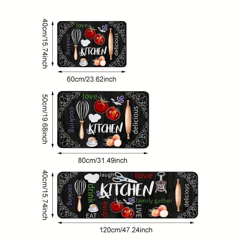 Food Letter Kitchen Utensils Pattern Kitchen Mat, 3pcs/set Kitchen Floor Mat, Non-slip Kitchen Rug, Kitchen Decor Mat, Home Decor, Kitchen Accessories, Kitchen Area Rug