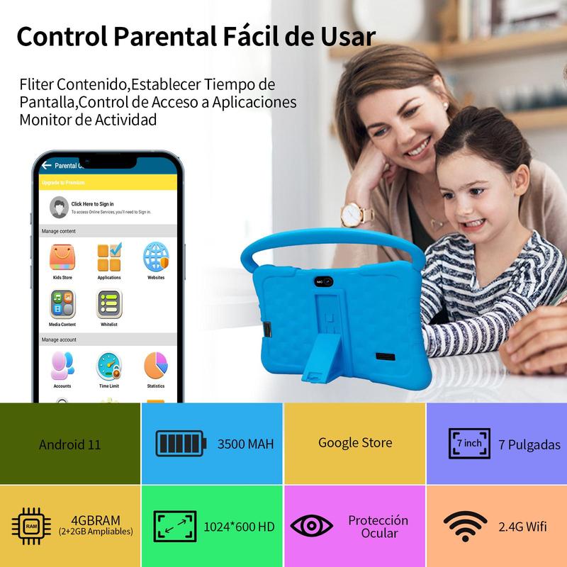 PRITOM K7 7 Inch Android Tablet with Silicone Case, Parental Control Tablet with Dual Camera, Educational Learning Entertainment Tablet with Durable Stand & Handle for Home, School