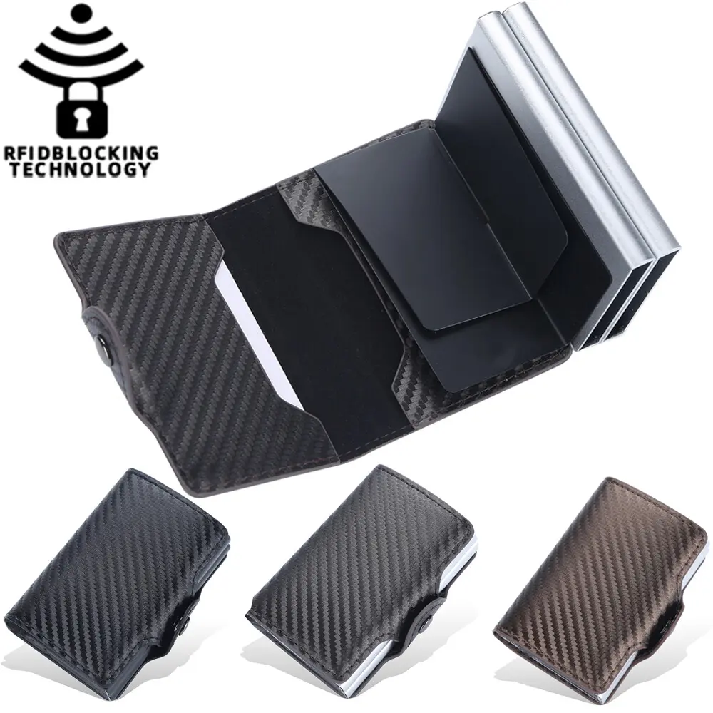 Carbon Fiber RFID Blocking Card Holder Auto Pop-Up Card Case Snap Button Multi Slot Credit Card Organizer Wallet for Men Business Travel Daily