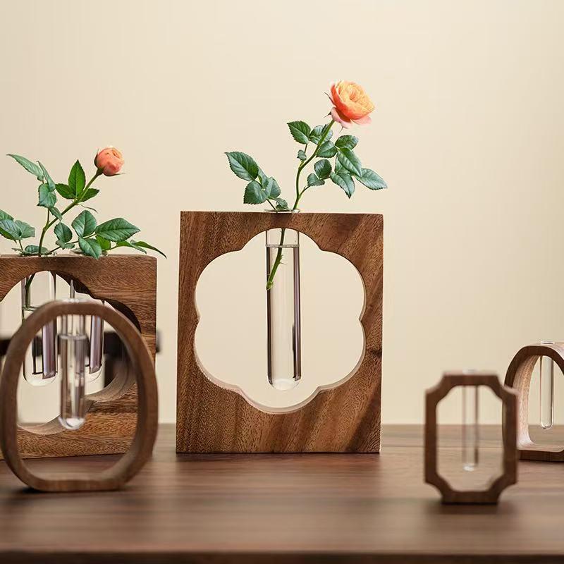 Natural Solid Walnut Wood Hydroponic Plant Stand, Mini Glass Tube Tabletop Planter, Modern Minimalist Home Office Decor