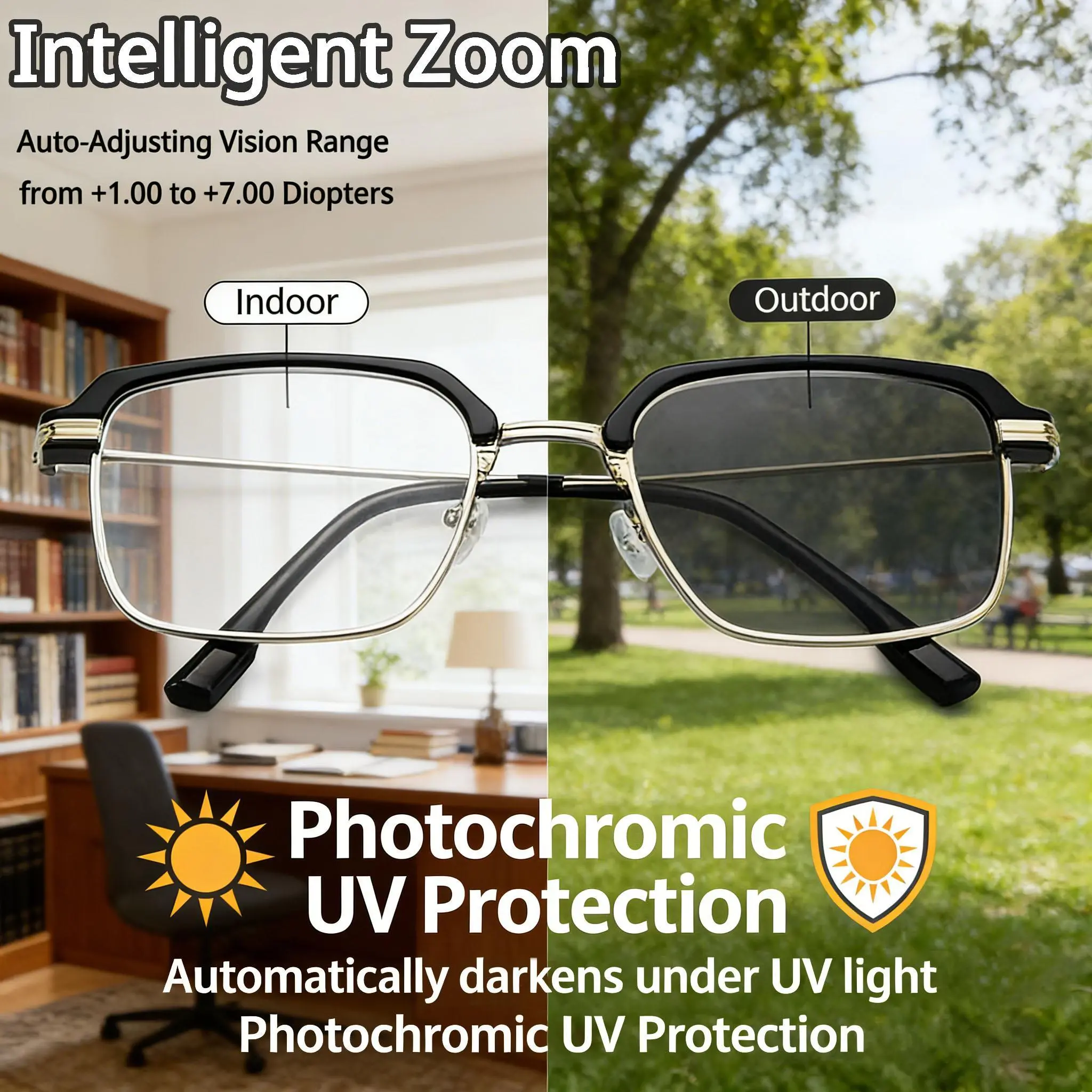 Frameless Smart Zoom Reading Glasses - Auto-Adjust +1.00-7.00 Diopters, Blue Light Filter HD Lens, Unisex High Quality Eyewear, Rimless Eyeglasses, Adjustable Soft Silicone Nose Pads, Lightweight Stylish Durable Single Item