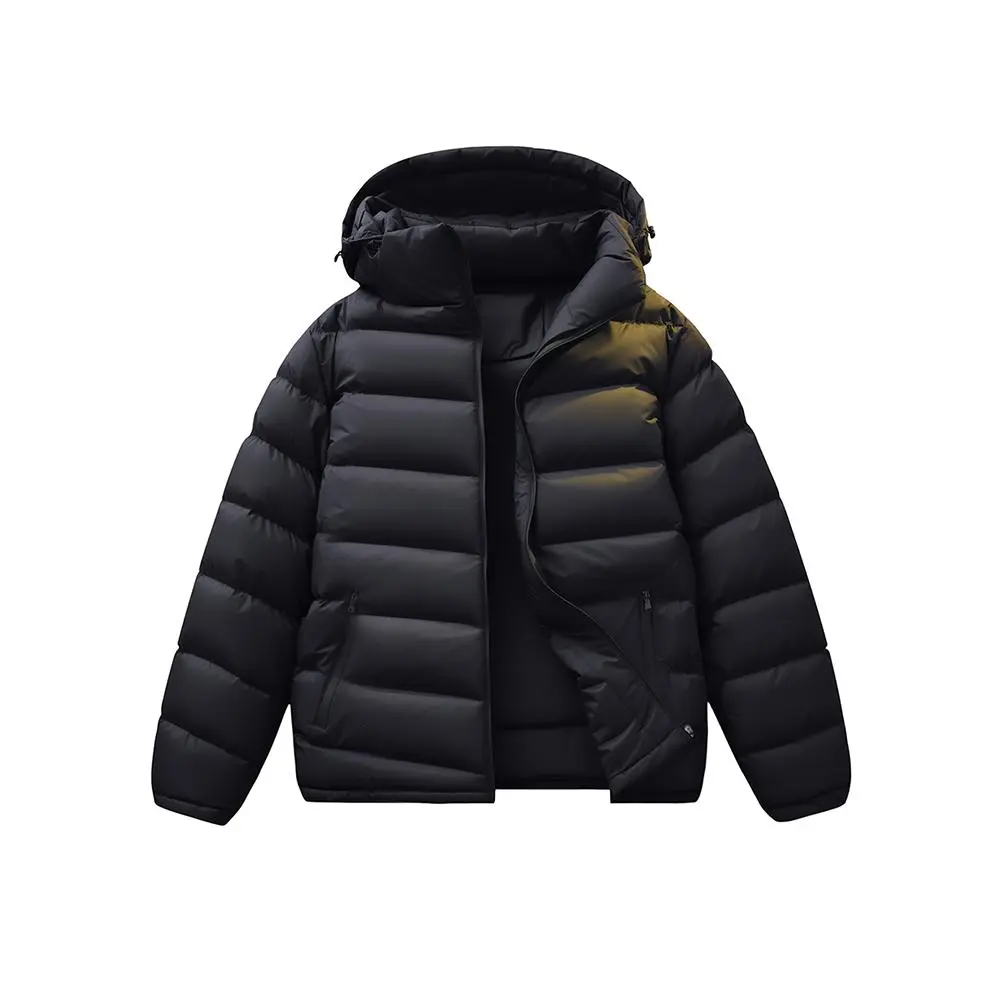 Men's hooded down winter jacket, fully zippered thick insulated padded jacket, adjustable drawstring hood, zippered side handbag, windproof and waterproof lightweight fabric, suitable for daily commuting, travel, hiking, skiing in cold weather, practical