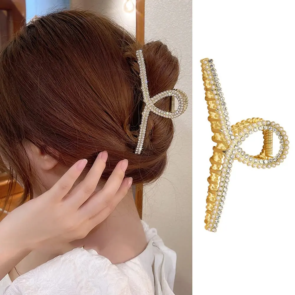 White and Gold Pearl Metal Rhinestone Hair Claw Clips - Large Non-slip Luxury Jaw Clamp Barrettes for Strong Hold and Hair Styling, 1 Pcs for Thick/Thin Hair