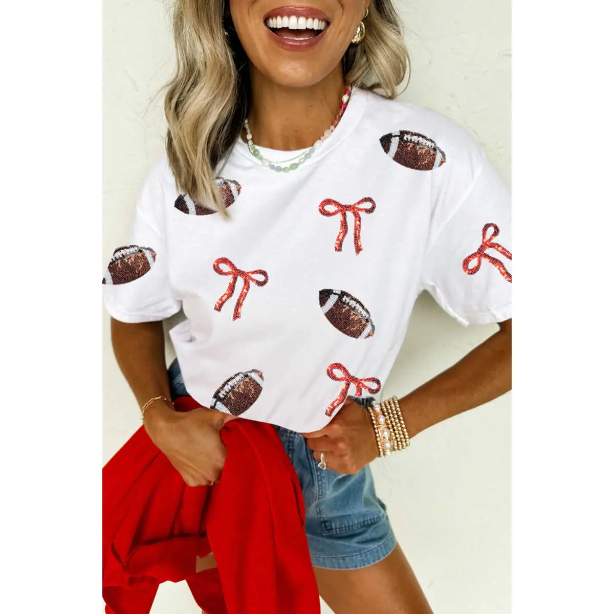 White Sequin Rugby Bow Print Round Neck Casual Shift Tee
