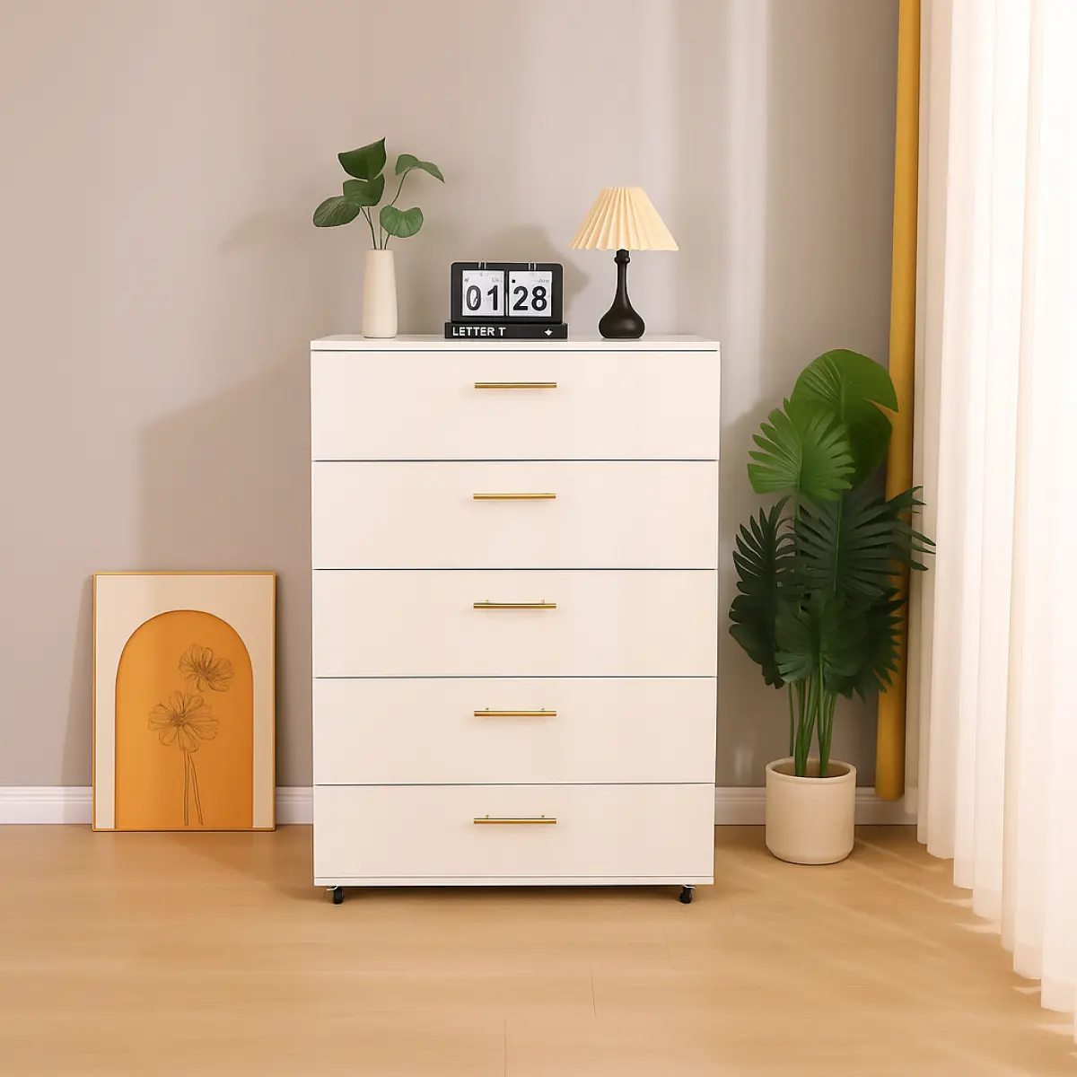 Aobtkel White 5-Drawer Dresser with Handles - Modern Pre-Assembled Storage Cabinet, Metal Glides, Swivel Wheels for Storage Organization