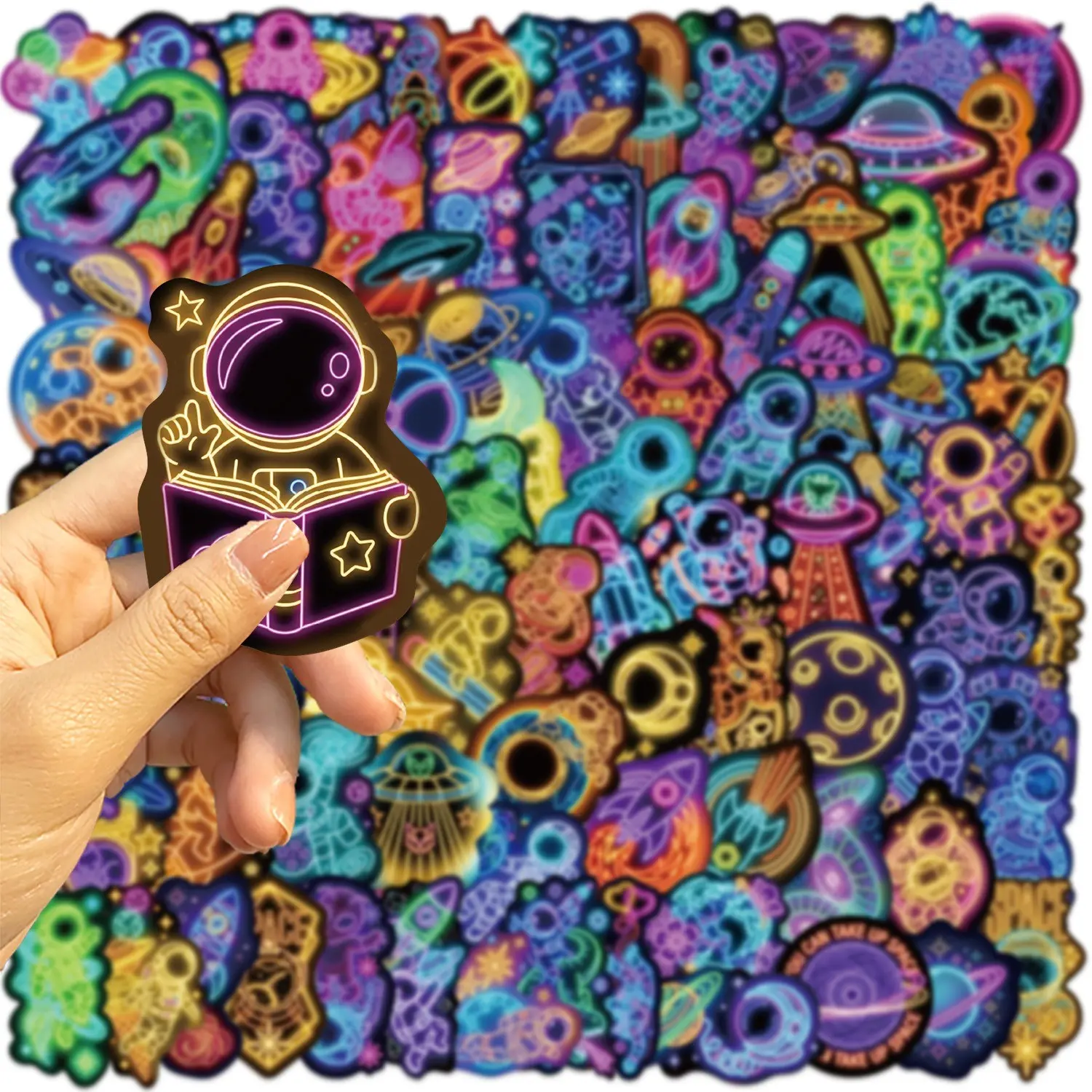 100 Sheets Neon Cartoon Astronaut Graffiti Stickers, Waterproof DIY Decorative Stickers for Journals, Guitars, Notebooks, Handmade Crafts