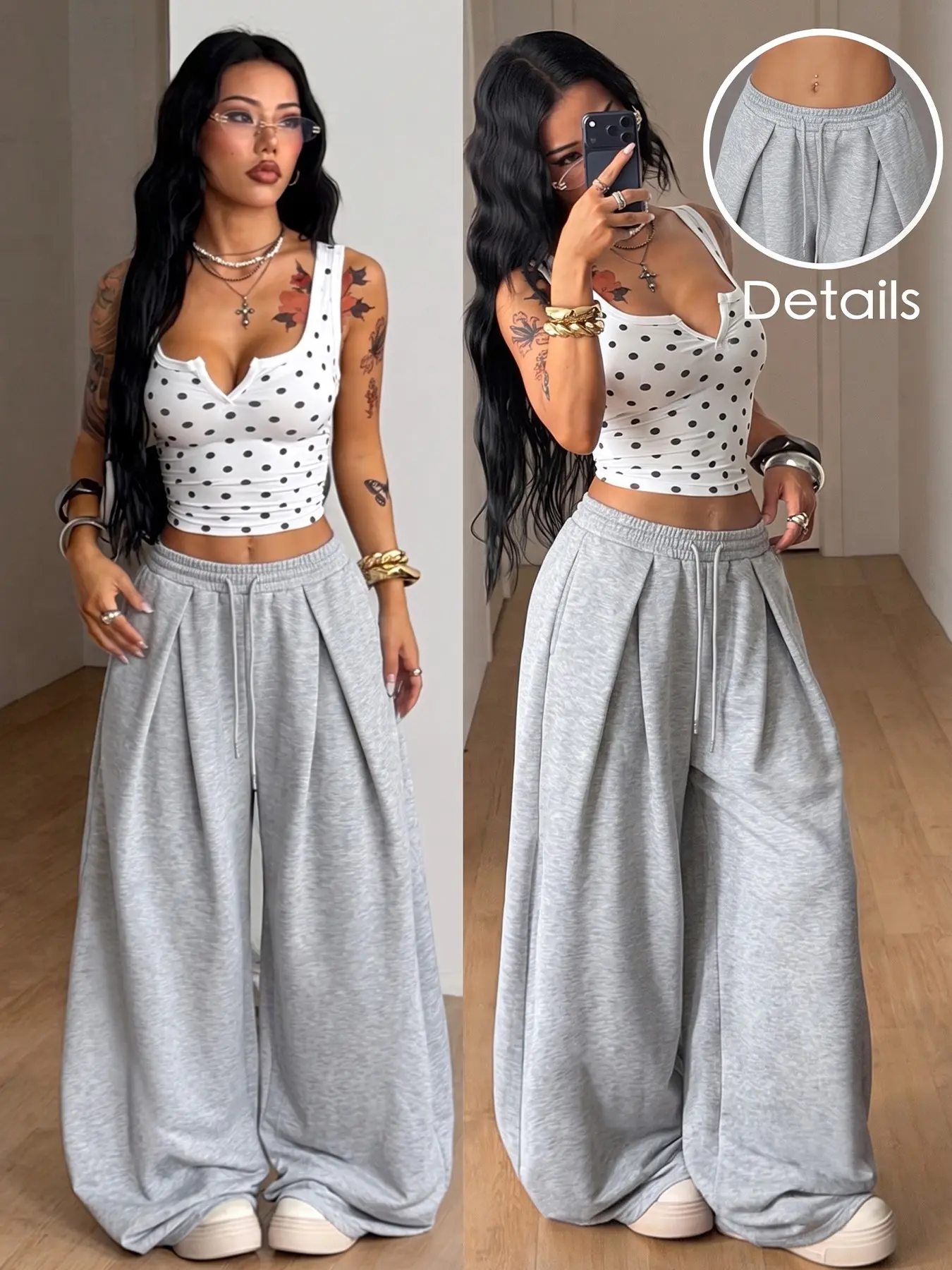 Heather Grey Front Pleated Drawstring High Waist Wide Leg Sweatpants Women Soft Knit Flowy Draped Floor Length Oversized Baggy Y2K Minimalist Daily Coffee Street Dance All Season Casual Lounge Bottoms #pleatedwidelegpants #grayjoggers #y2klazypants