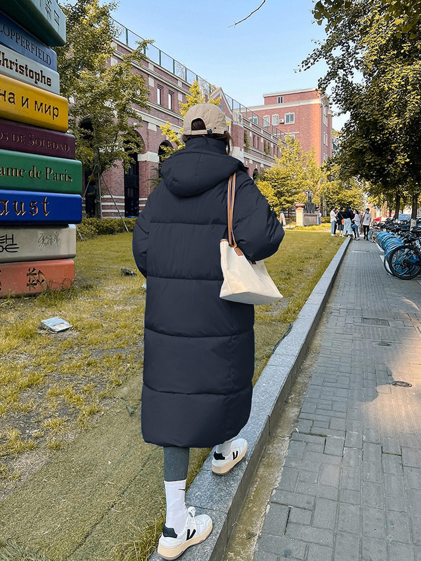 Women's Solid Button Front Pocket Zipper Drop Shoulder Midi Winter Coat, Jackets, Casual Long Puffer Coat For Fall & Winter, Women's Clothing For Daily Wear