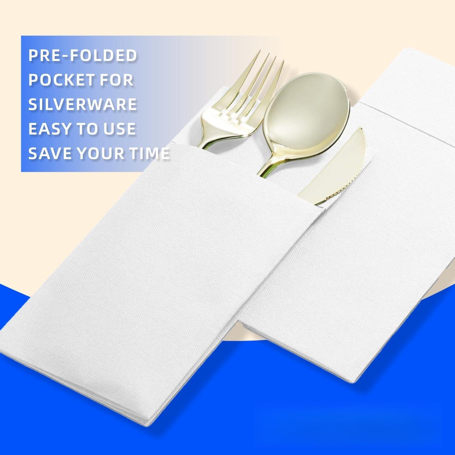 Disposable Dinner Napkins With Built-in Flatware Pocket, Pre folded Party Napkins For Silverware, Linen Feel Napkins Luxury And Elegant For Wedding Party Events, White, Total 50 Count