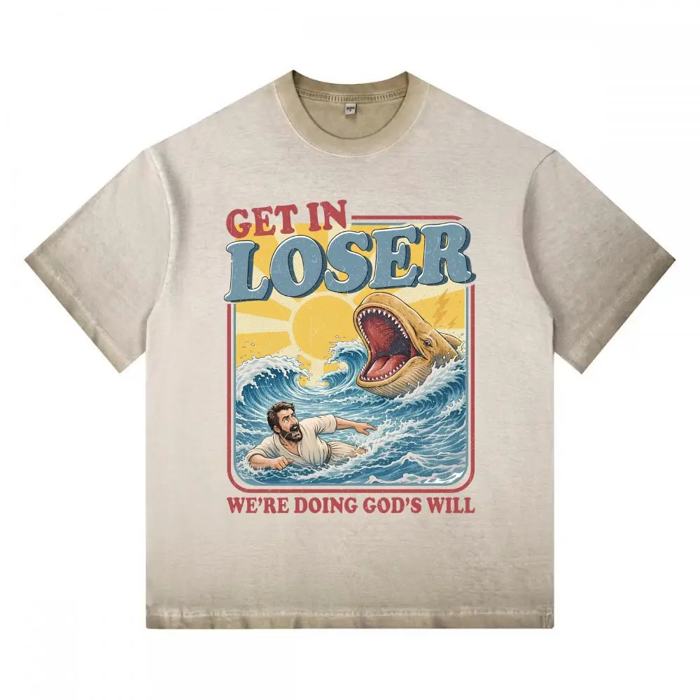 Unisex GET IN LOSER Jonah and the Big Fish in the Bible Graphict Gradient Washed T-Shirt Personalized Pattern Y2k Clothing Round Neck Gradient Washed T-Shirt,Women's Clothing 100% Cotton, Menswear, Top, Vintage Style,Summer Casual Oversized
