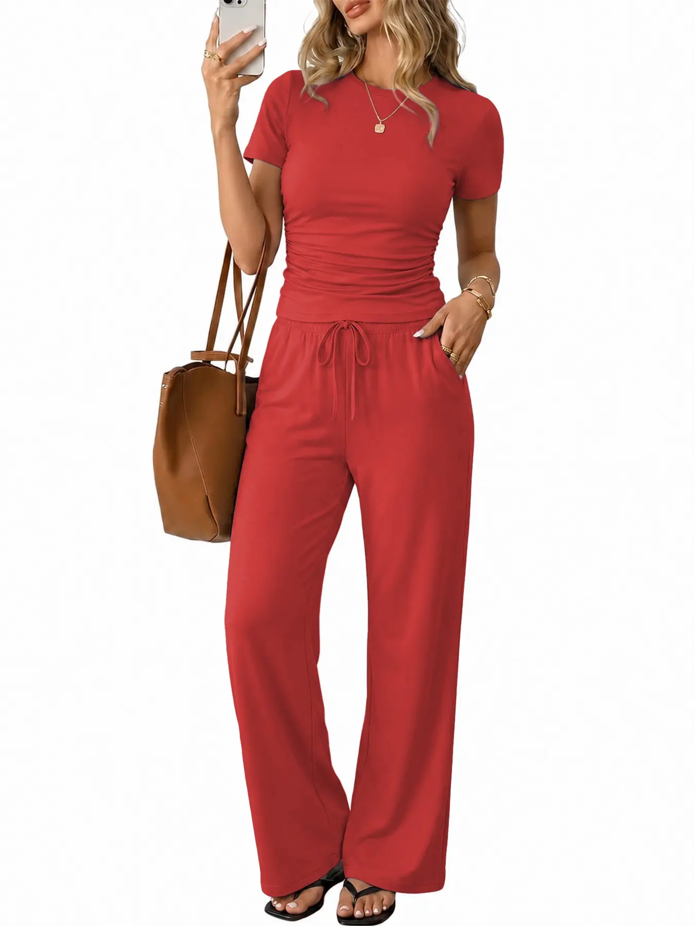 Summer 2 Piece Set for Women, Ruched Short Sleeve Tops, Wide Leg Pants with Pockets, Drawstring, Adjustable, Casual Tracksuit, Ladies Loungewear