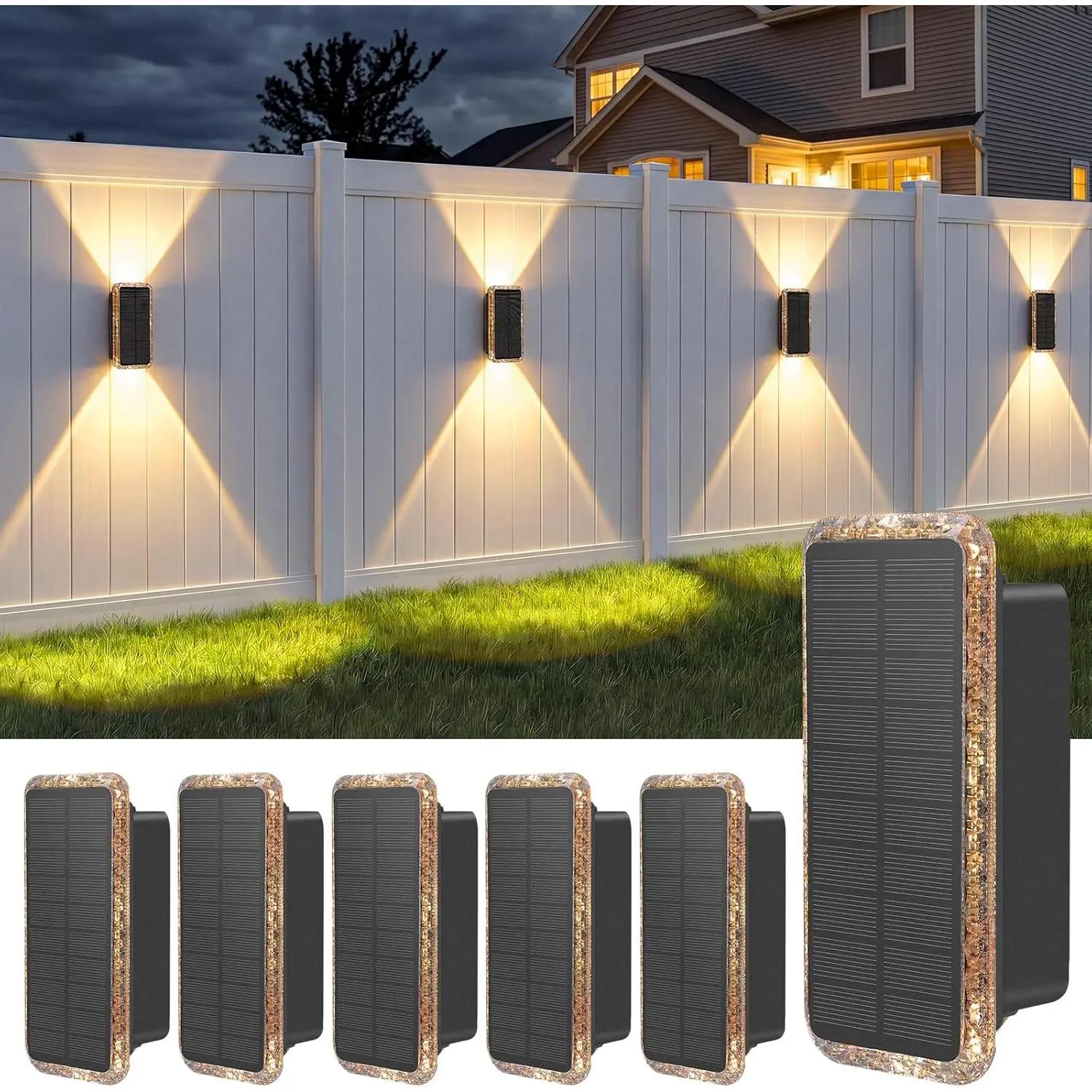 Solar Fence Lights Outdoor 6 Pack, 5CCT(3000K-6000K) Up and Down Solar Wall Lights, IP65 Waterproof Dusk to Dawn Wood Fence Lights Solar Powered for Patio, Porch, Backyard, Garage, Wall Decor