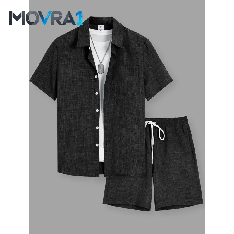 MOVRA1 Men's Solid Short Sleeve Shirt & Shorts Loungewear Set, Shorts Lounge Outfit, Casual Comfy PJ Top & Shorts, Two-Piece Pajamas Set, Men's Sleepwear, Lounge Sets