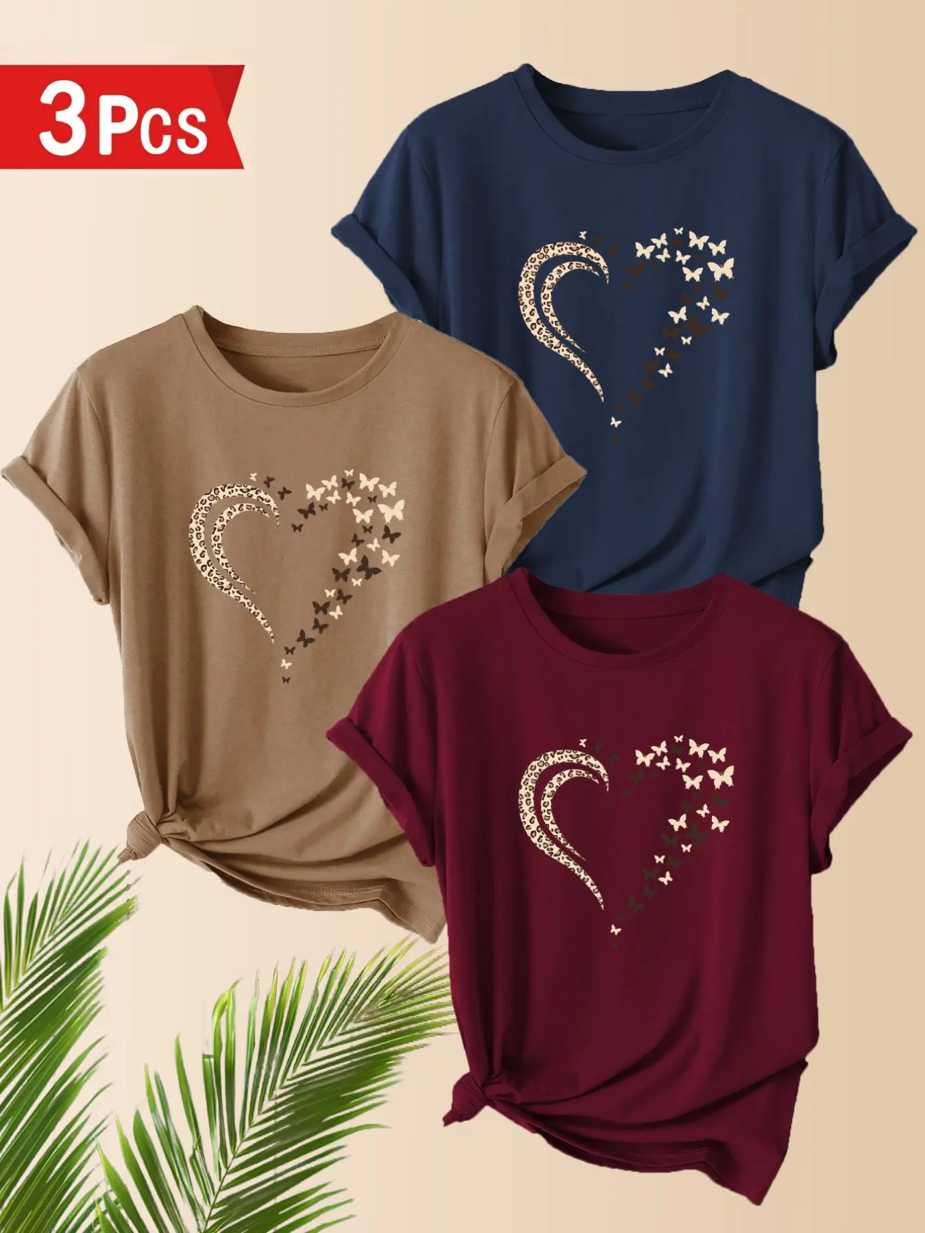 3-Pack Women's Casual T-Shirts, Butterfly Heart Print, Polyester, Round Neck, Short Sleeve, Comfortable for Spring & Summer, Casual Comfy Top