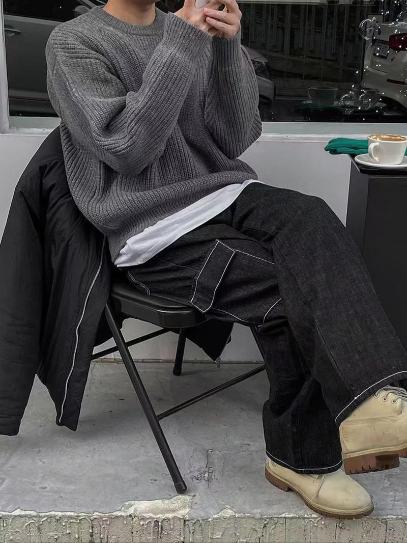 Men's Solid Drop-Shoulder Cable-Knit Sweater, Loose Casual Long-Sleeve Round-Neck Jumper for Fall & Winter, Fashion Knitwear for Daily Wear