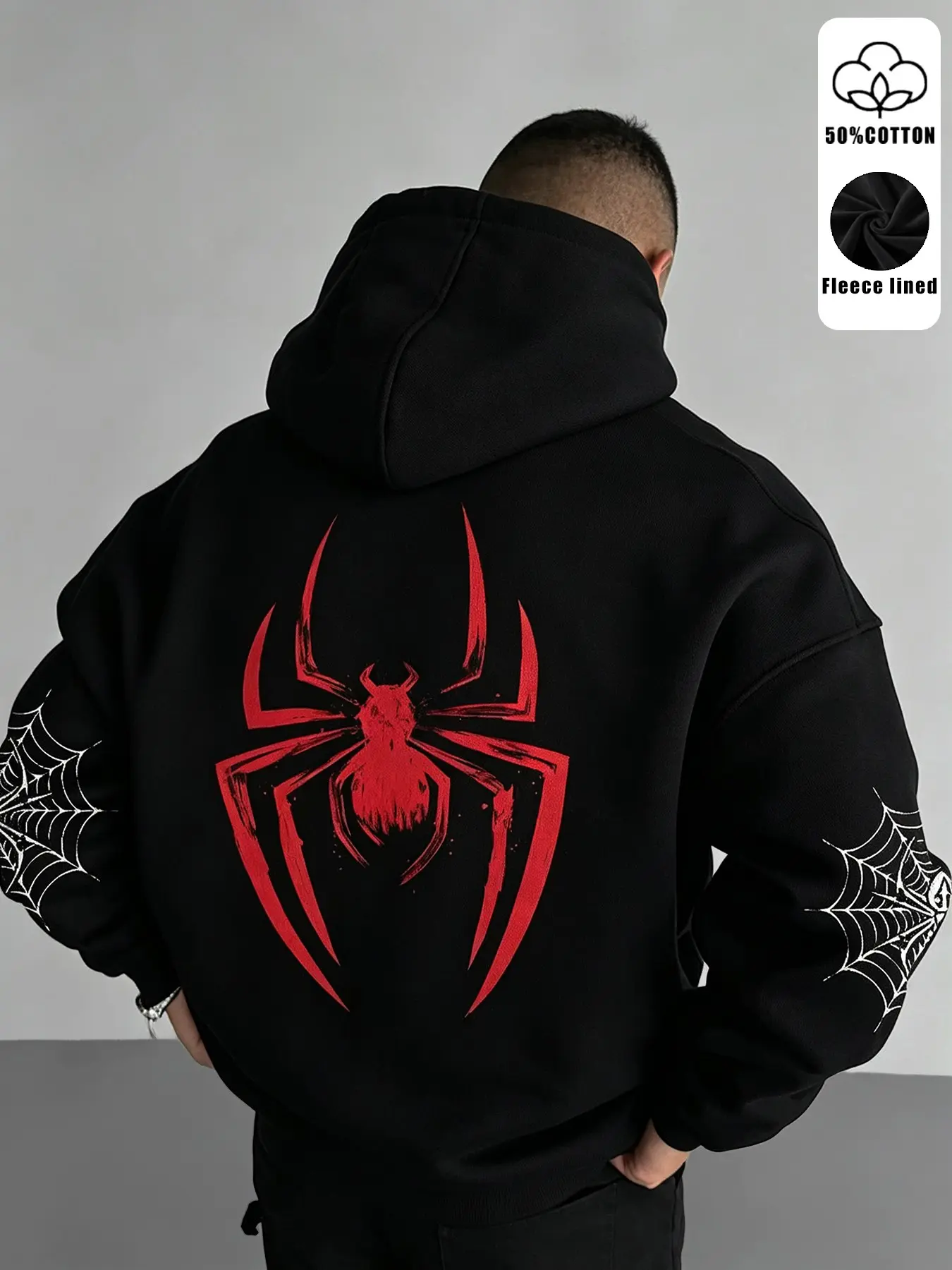Men's High-Quality Cotton Fall Winter Hooded Sweatshirt, Spider Print, Kangaroo Pocket, Y2K Street Style, Casual Pullover Hoodie