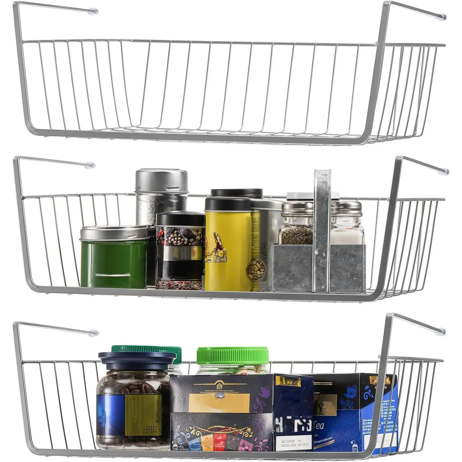 3 Pack Under Shelf Baskets, 15 x 10 x 5.5 Inch Slide in Wire  Storage Baskets Under Cabinet Shelf Storage Baskets for Kitchen Pantry Cupboard Dorm Room Closet Bookshelf, Large