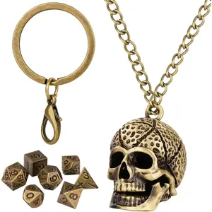 Mini DND Dice Set with Skull Head Metal Cage Portable Keychain Necklace, Tiny 7pcs Polyhedral D&D Dice Set