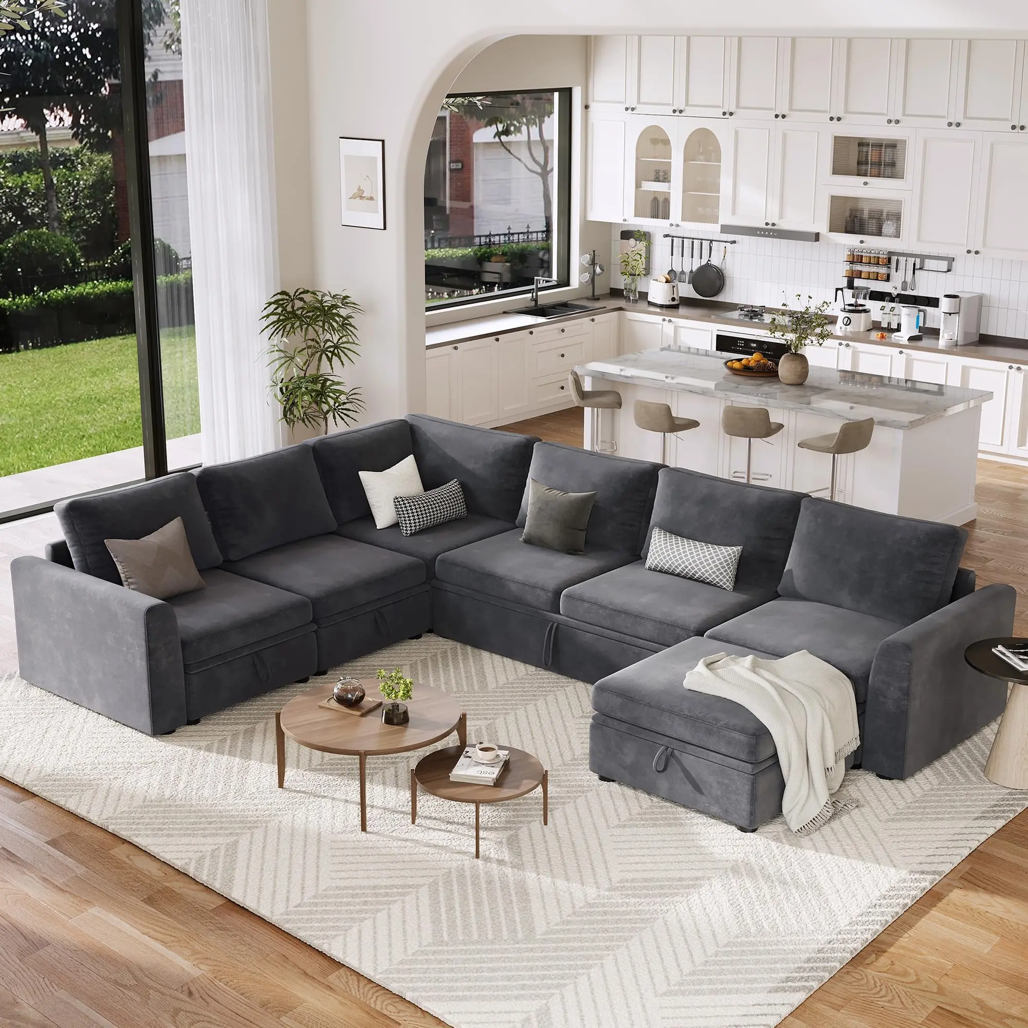 Garvee Chenille Modular U-Shaped 7-Seat Sectional Sleeper Sofa with Pull-Out Bed, Storage Ottoman, and 2 Armrests in Gray - Convertible Couch for Spacious Comfort