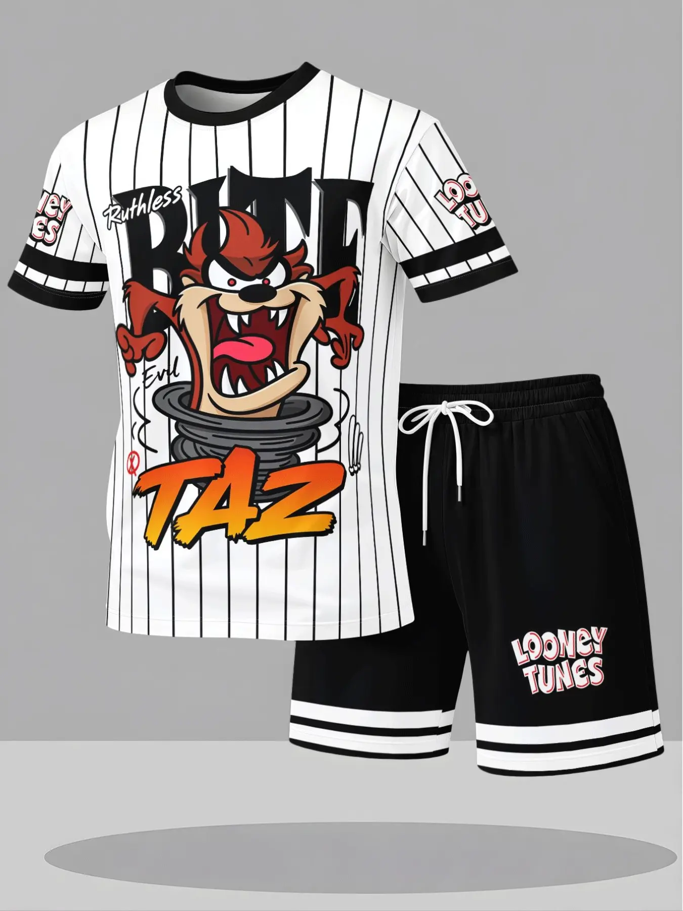 Vintage Baseball Stripe Grinch Graffiti Print Sports Set, Plus Size Unisex Cartoon Ip Casual Shorts Set, Comfortable and Stylish