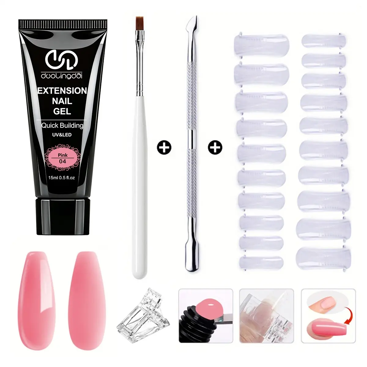Duolingdai Quick Shape UV Nail Extension Gel Set, 15ML Natural Semi-Transparent Gel, Includes Reusable Forms, Clips, Brush, Cuticle Pusher