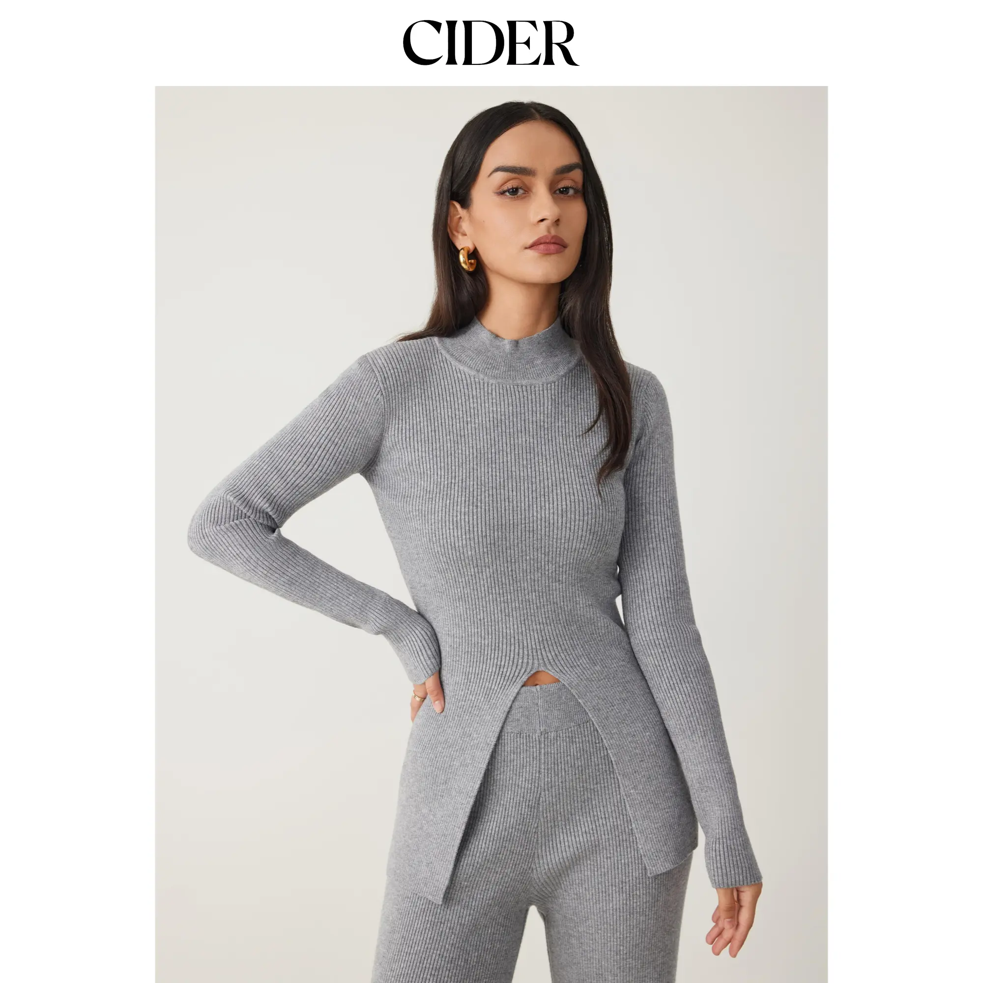 Cider [size 2-10] Rib Knit Mock Neck Split Long Sleeve Top