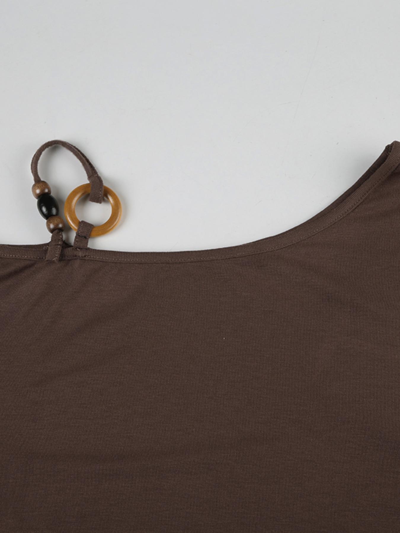 Women's Retro Ethnic Style Beaded Asymmetrical Shoulder Flounce Sleeve Flared Top, Slim-Fit Spring & Fall Fashion, Moderate Fabric