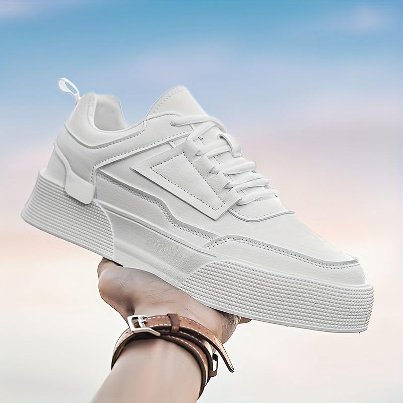 [Everyday Sneakers] Men's Classic White Casual Sneakers - Stylish Low-Top Lace-Up Shoes with Durable PU Upper & Sole, Comfortable Fabric Insole for Casual Attire