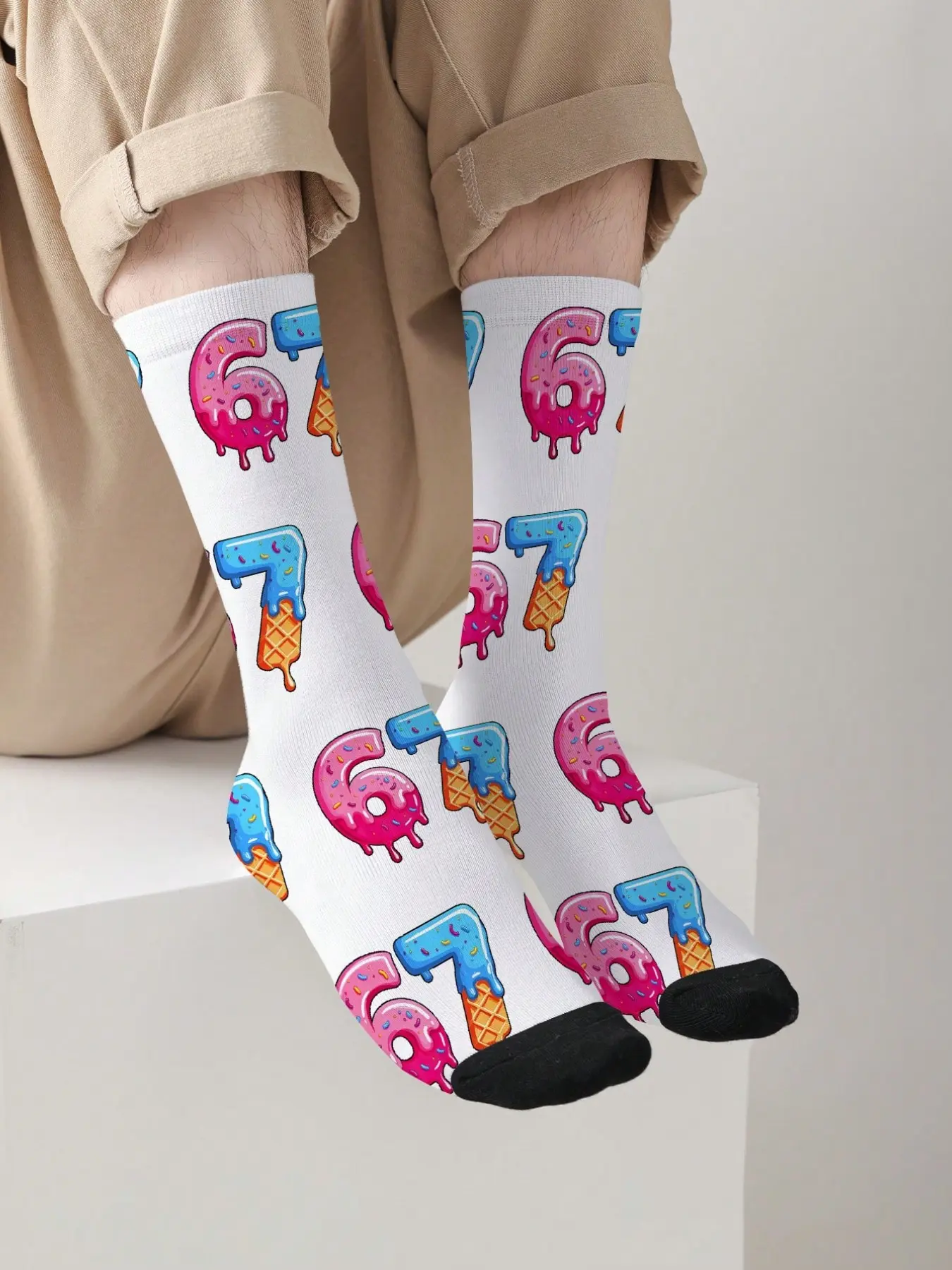 1 Pair of Donut Ice Cream Print Mid-Calf Socks for Men and Women | Knee-High Socks | Casual Socks | All Season Socks | Cute Dessert Melting Design | Unique Socks | Creative Birthday Gift | Dopamine Fashion