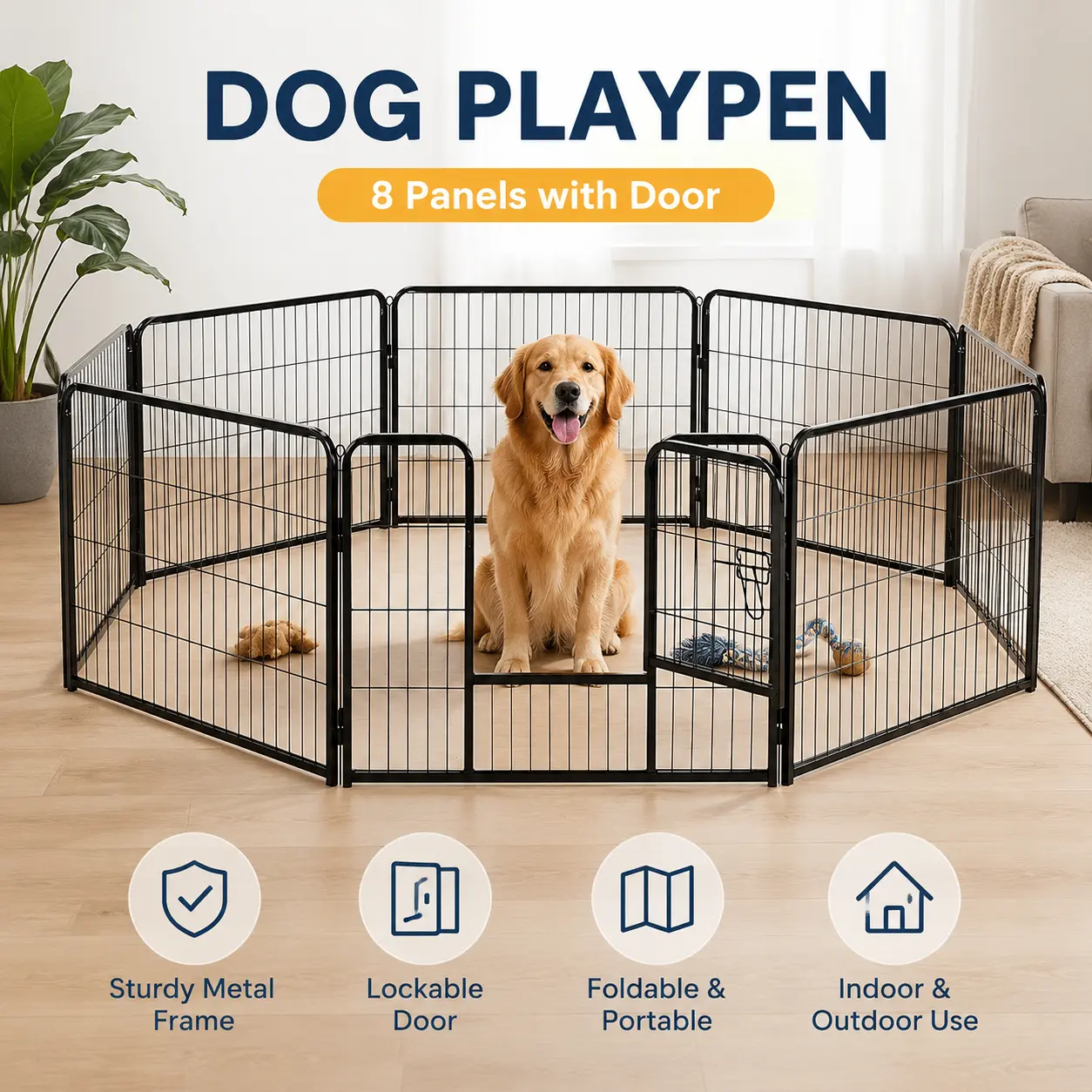 Metal Frame Dog Playpen - 24in 8-Panel Foldable Indoor-Outdoor Pet Fence with Door, Portable for Small-Medium Dogs, RV Camping