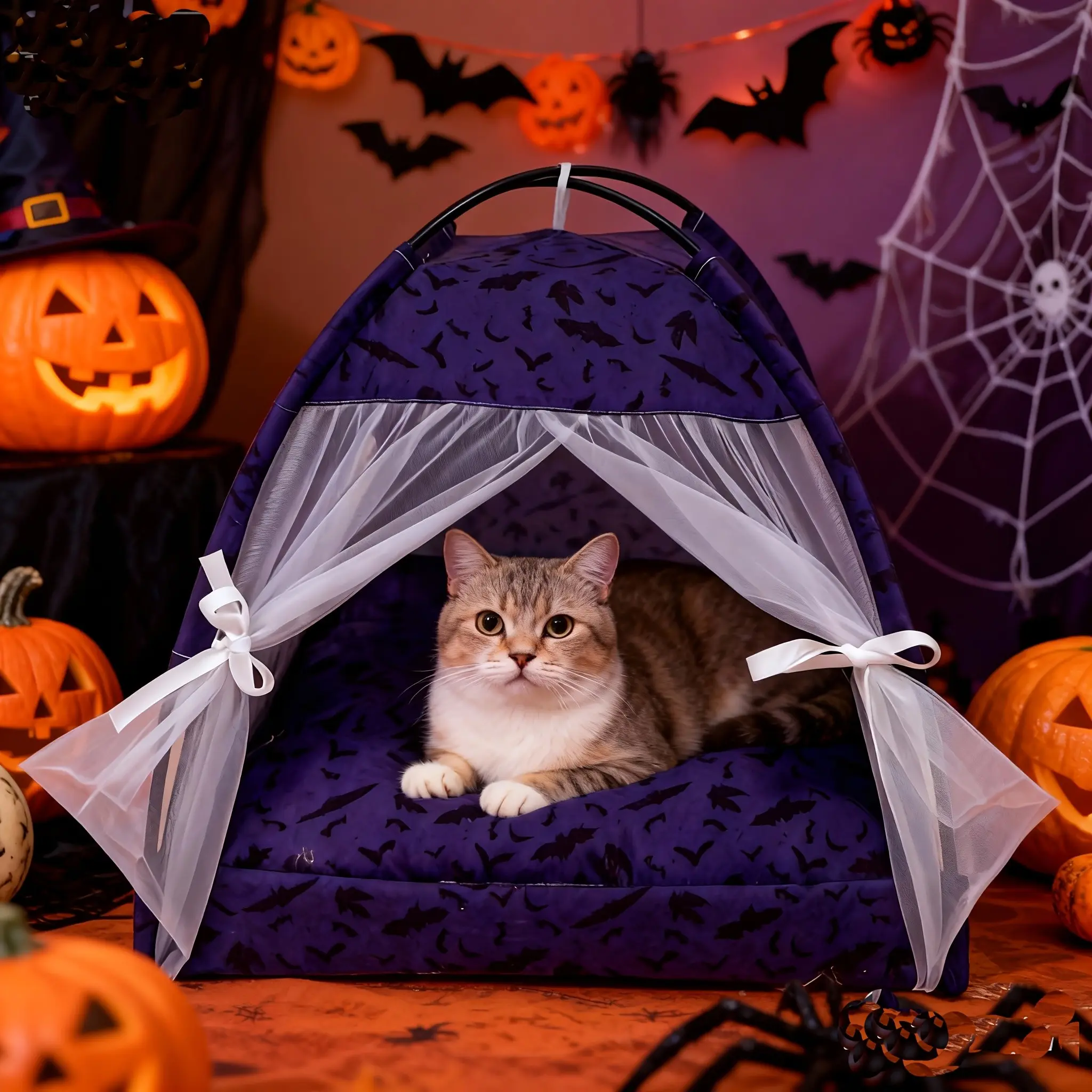 Foldable Pet Cat Dog Tent, Halloween Festival Bat Design, Indoor Outdoor Pet Bed, Comfortable and Stylish Pet House