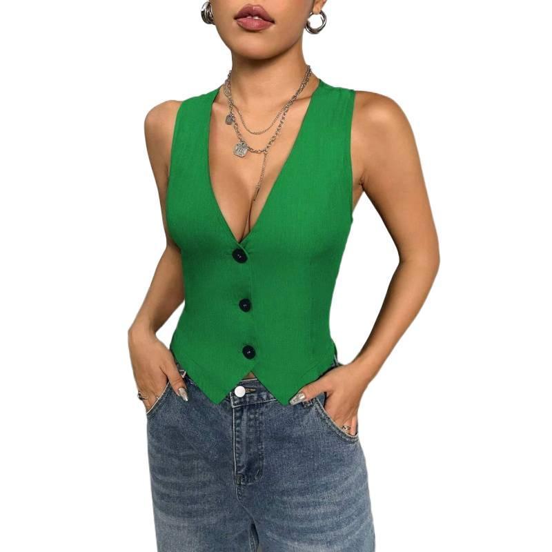 Green Deep V Neck Crop Suit Vest for Women, Sleeveless Button Down Waistcoat Tank Top, Y2K Slim Fit Street Style Blouse, Fashion Summer Top for Party, Gathering & Daily Commute