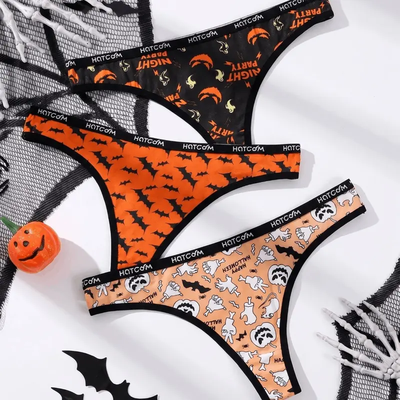 Hotcom 3 Pack Halloween Women's Thongs, Bat Ghost Face Pattern, Soft Stretchy Breathable Underwear, Ideal Holiday Gift for Daily Wear Panties
