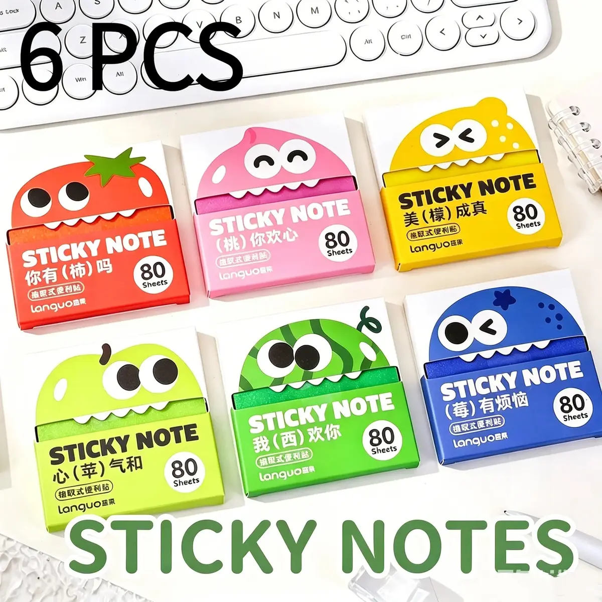 6pc Translucent Fruit Sticky Notes Set, 80 sheets per box - Compact, No Mess Pull-Out Note Pads for Students, Featuring Watermelon, Strawberry, Lemon Designs for Annotation