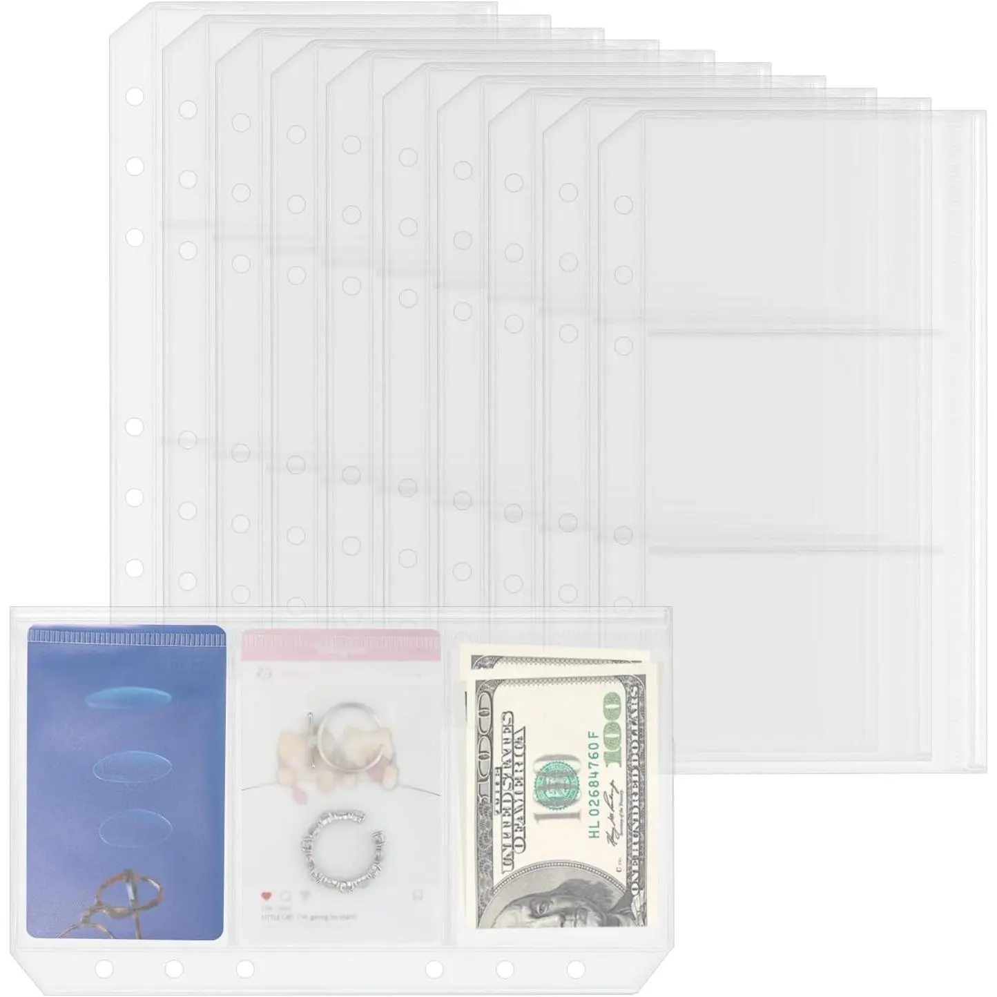 10 Pack Multi-Compartment Zippered Binder Pocket Sleeves for 6 Ring A6 Binder - Frosted Divided Zipper Pouch   Saving Budget Binder Insert Refill Card Page Protector Loose Leaf Bag (3-Pocket)