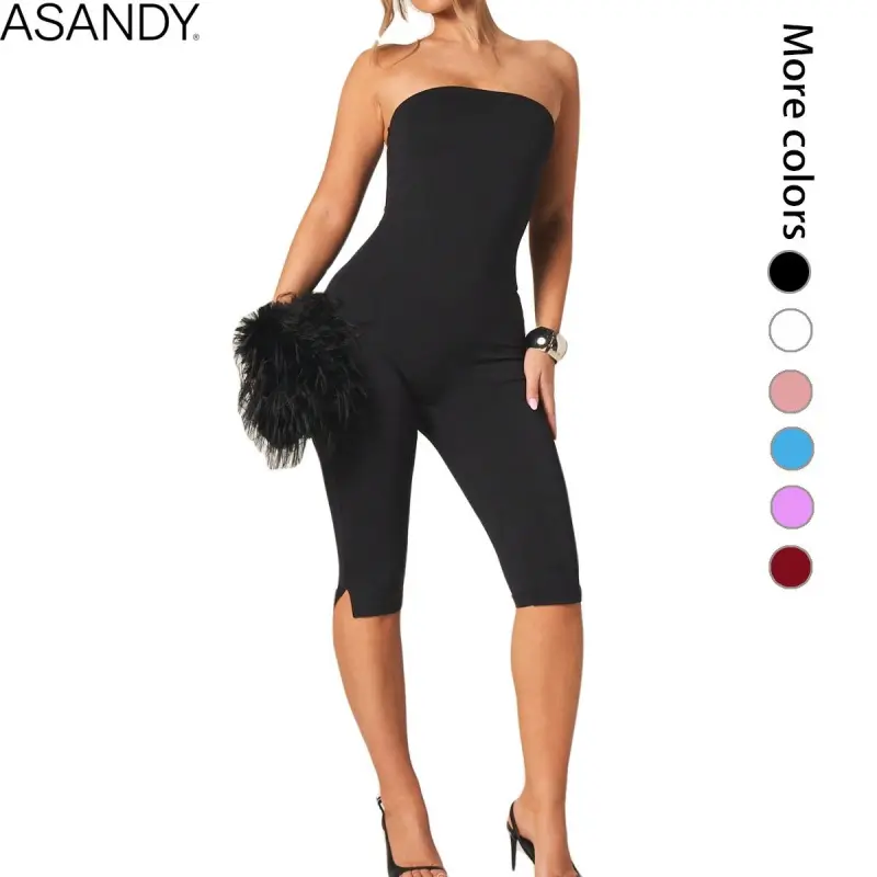 ASANDY Women's Strapless Bandeau Jumpsuit, Buttery-Soft Spandex Bodycon Capri Outfit for Casual Wear, Date Night & Yoga, Rompers For Women, Jumpsuits For Women