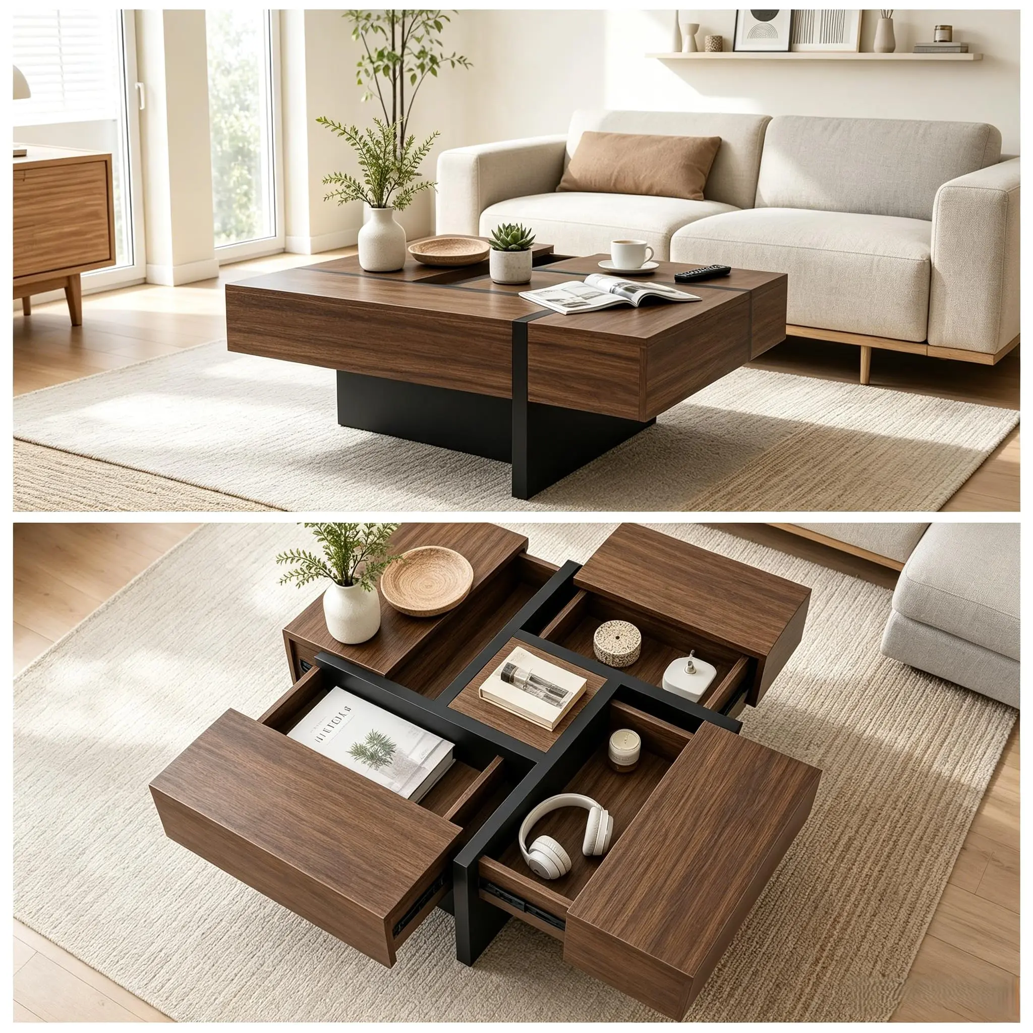 Modern Square Coffee Table - Sliding Expandable Tabletop, 4 Hidden Storage Drawers, Wood-Grain Indoor Living Room Furniture Center Table
