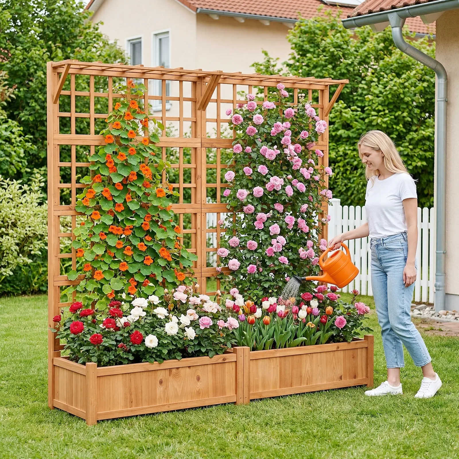 Garvee 2-Pack Rectangular Wooden Raised Garden Beds with Integrated Trellis - Water Resistant Climbing Plant Stand, Hanging Roof, Drainage Holes, Space-Saving Elevated Design, Natural Finish for Flowers, Plant Growth (Patio Use)