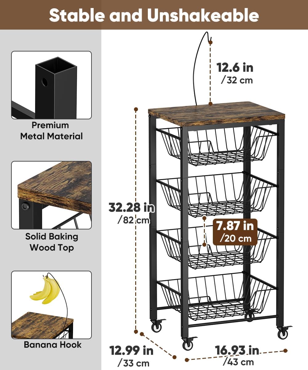 SUNDAY MIRTH Fruit Vegetable Storage Cart for Kitchen, 5-Tier Vegetable Stand Rack with Pull-Out Fruit Baskets, Rolling Snack Cart with Top & Banana Holder for Pantry, Living Room, Bathroom, Black SUNDAY MIRTH Fruit Vegetable Storage Cart for Kitchen, 5-Tier Vegetable Stand Rack with Pull-Out Fruit Baskets, Rolling Snack Cart with Top & Banana Holder for Pantry, Living Room, Bathroom, Black