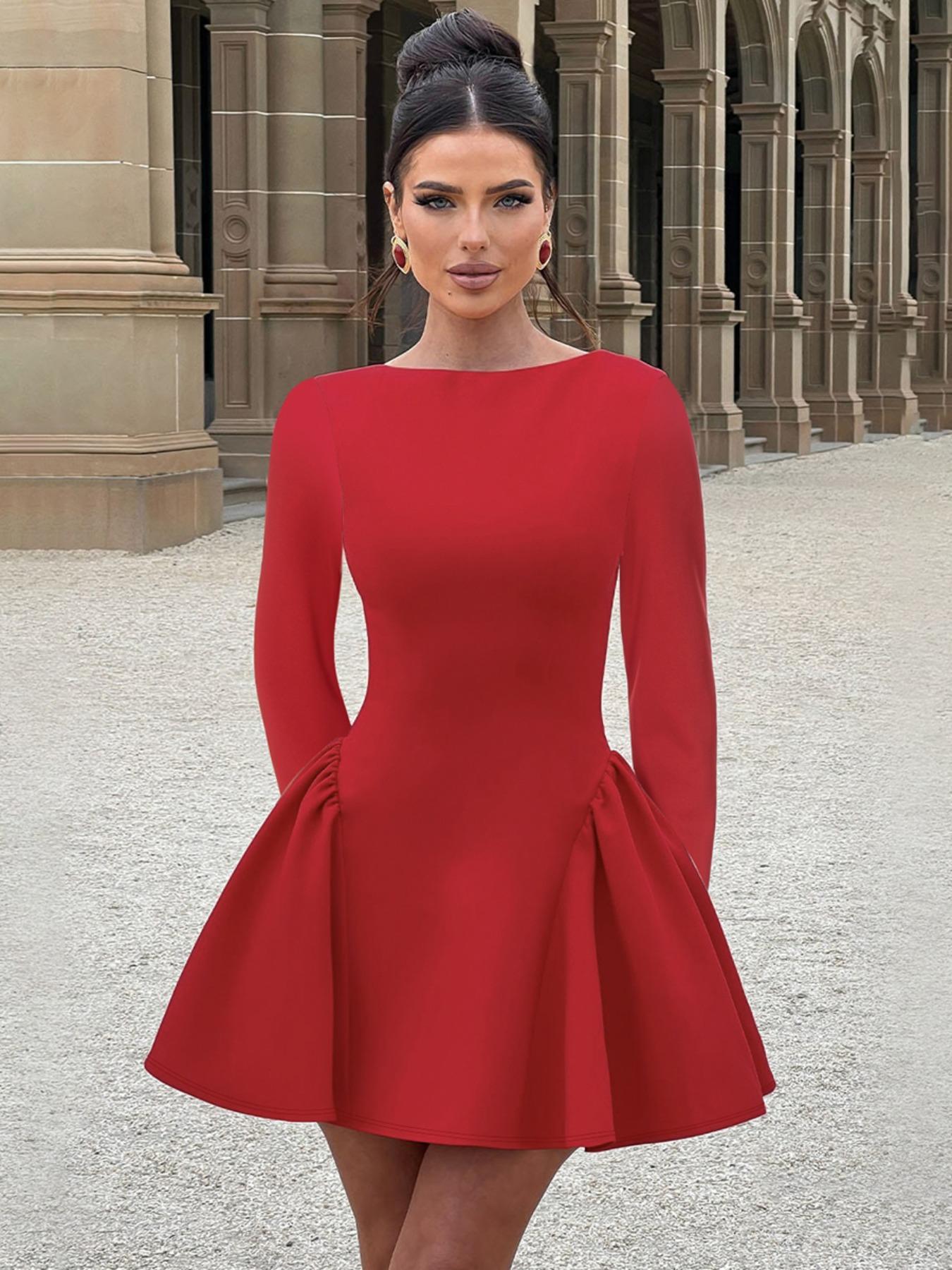 Women's Plain Long Sleeve Dress, Elegant Solid Color Back Zipper Party Club Holiday A-line Mini Dresses for Women