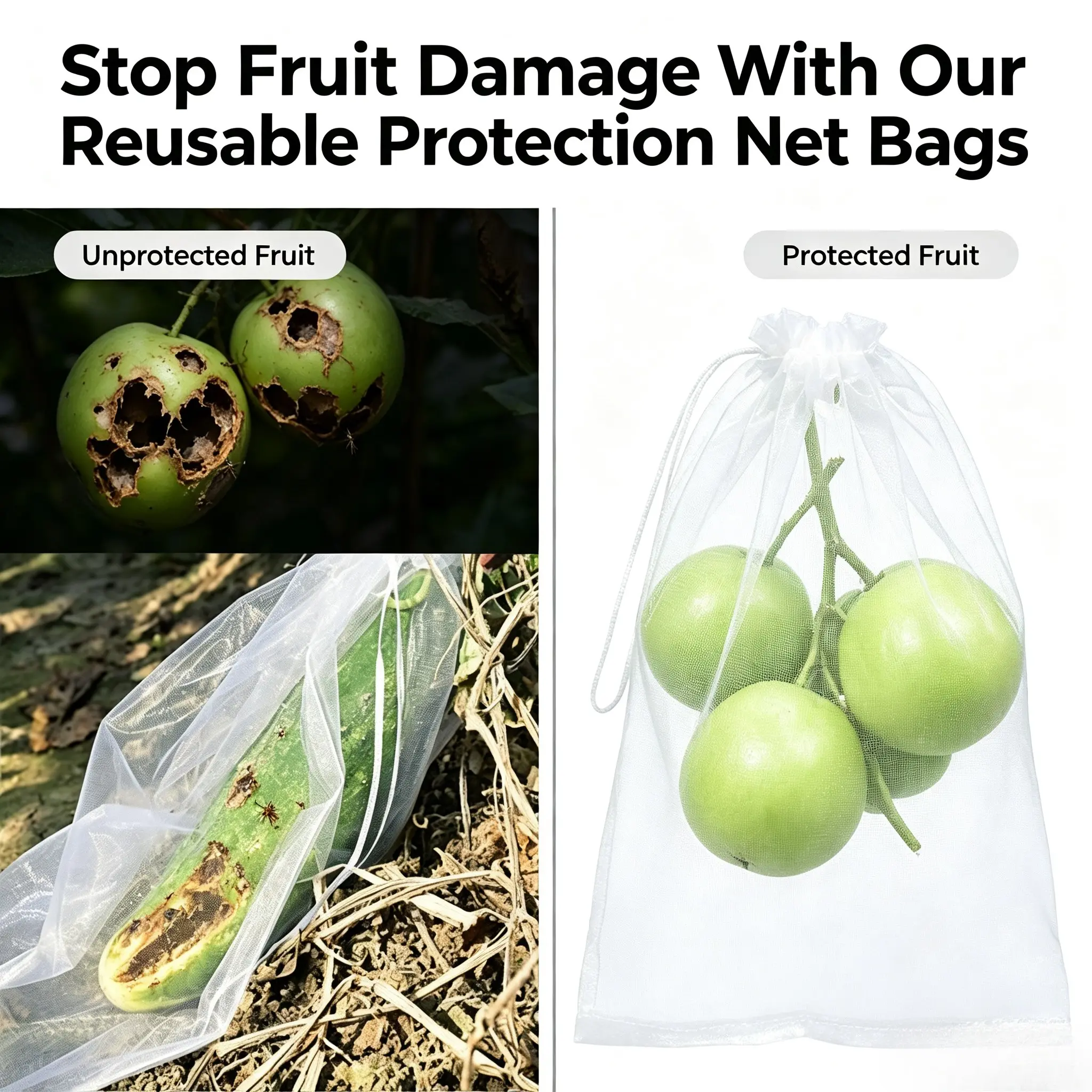 50 Pack Clear Fruit Protection Net Bags, Hdpe Drawstring Bird Proof Covers, Pest Insect Barrier for Garden Fruits Vegetables
